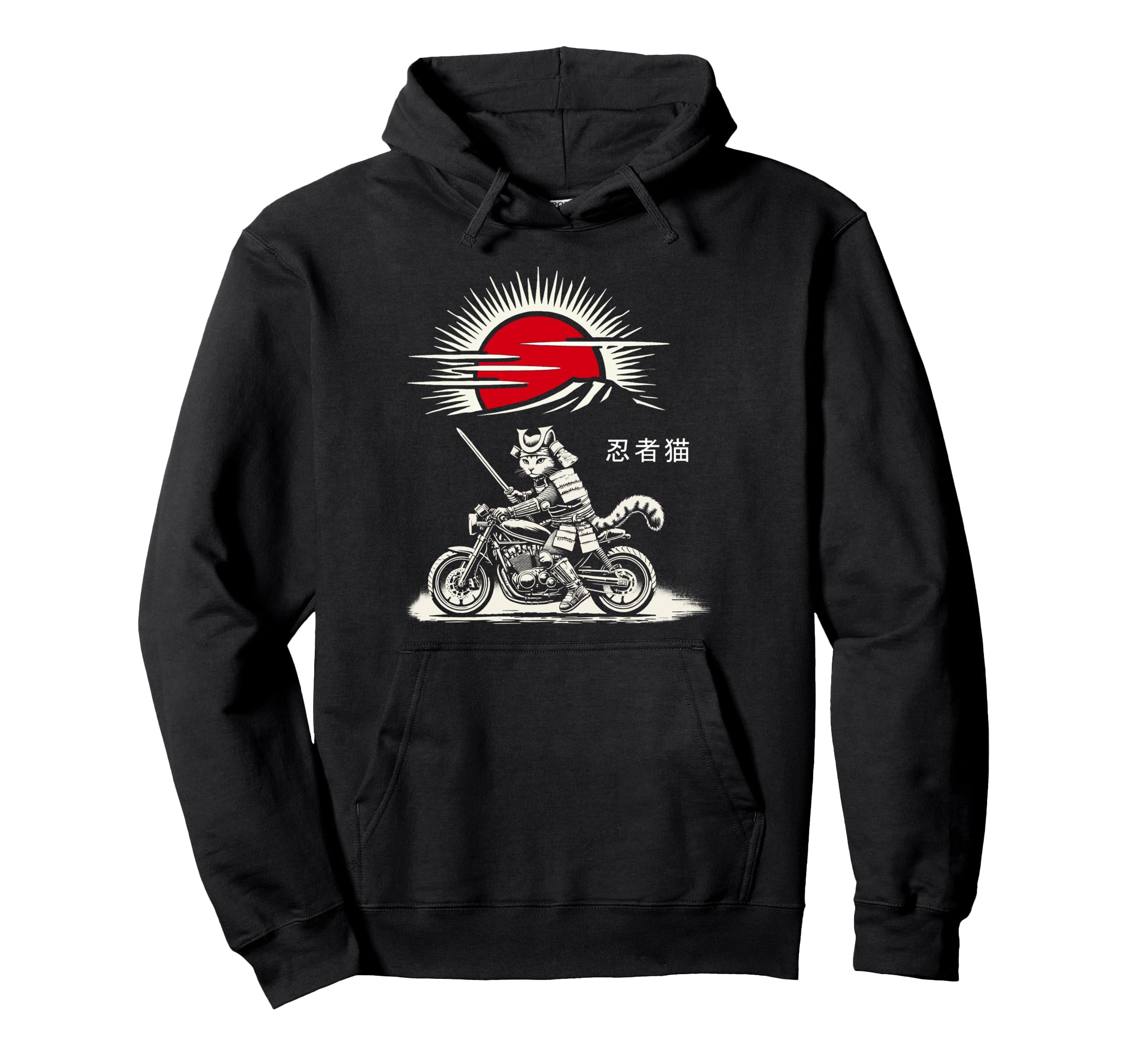 Samurai Cat Riding Motorcycle Cat Ninja Hoodie - Graphic Print Men Women - T-Shirt, Sweatshirt, Hoodie