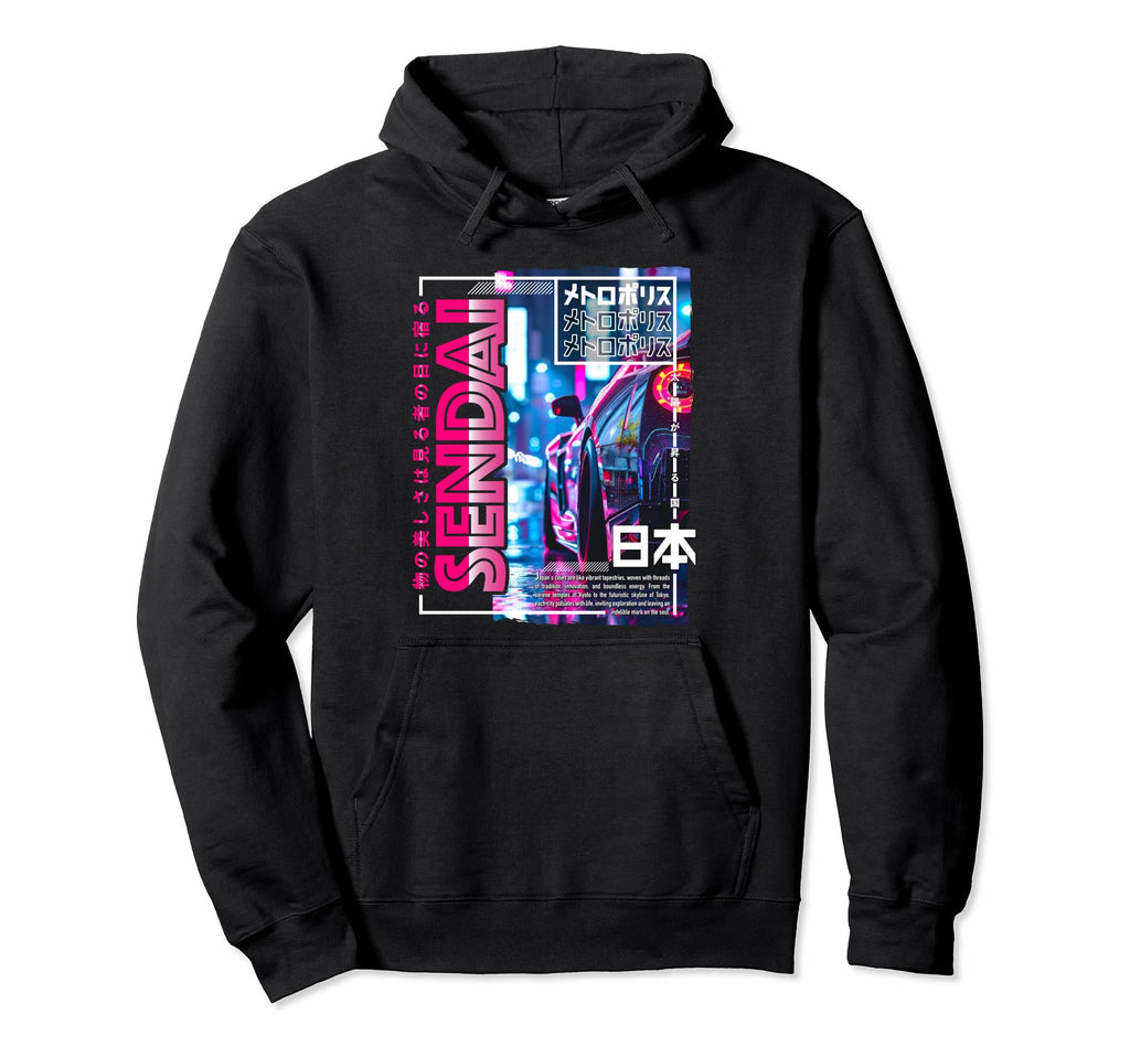 Sendai City 80S Synthwave Racing Car Hoodie - Novelty Apparel for Adults - T-Shirt, Sweatshirt, Hoodie