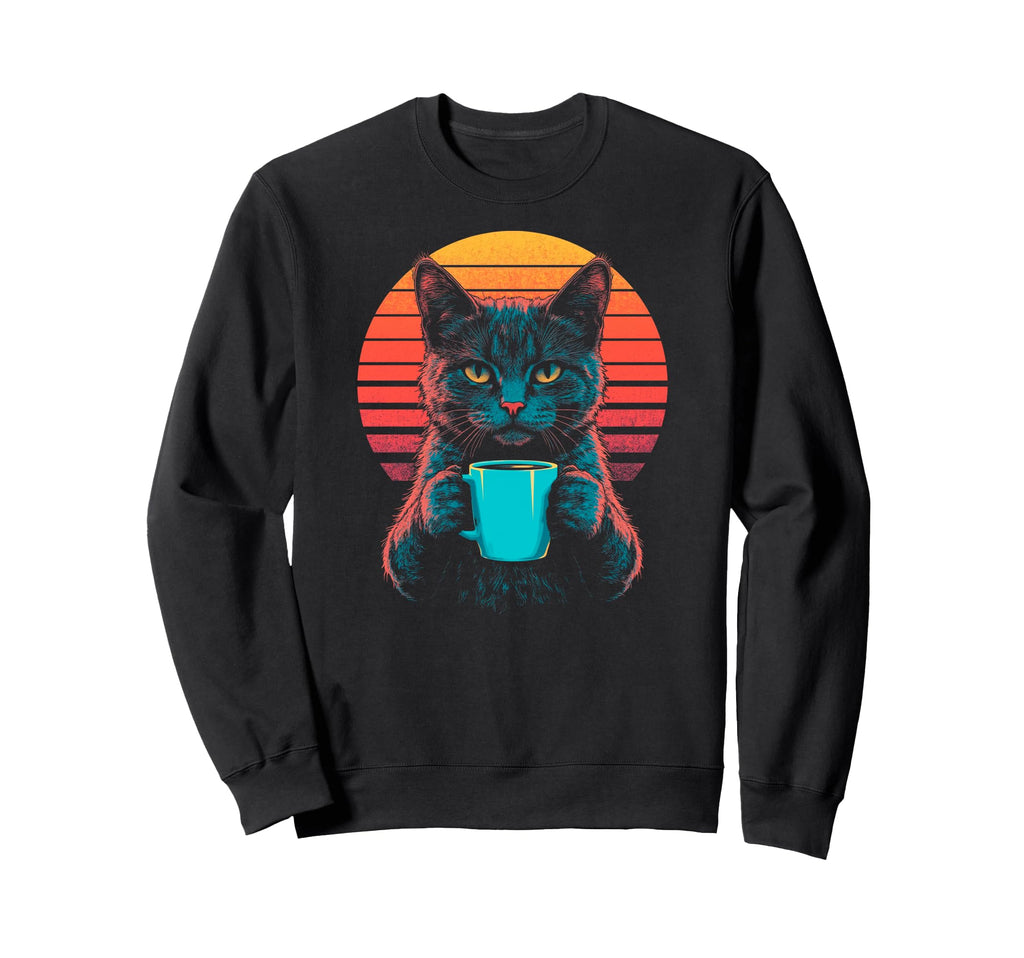 Cat Drinking Coffee Synthwave Sweatshirt - Novelty Apparel Men Women - T-Shirt, Sweatshirt, Hoodie