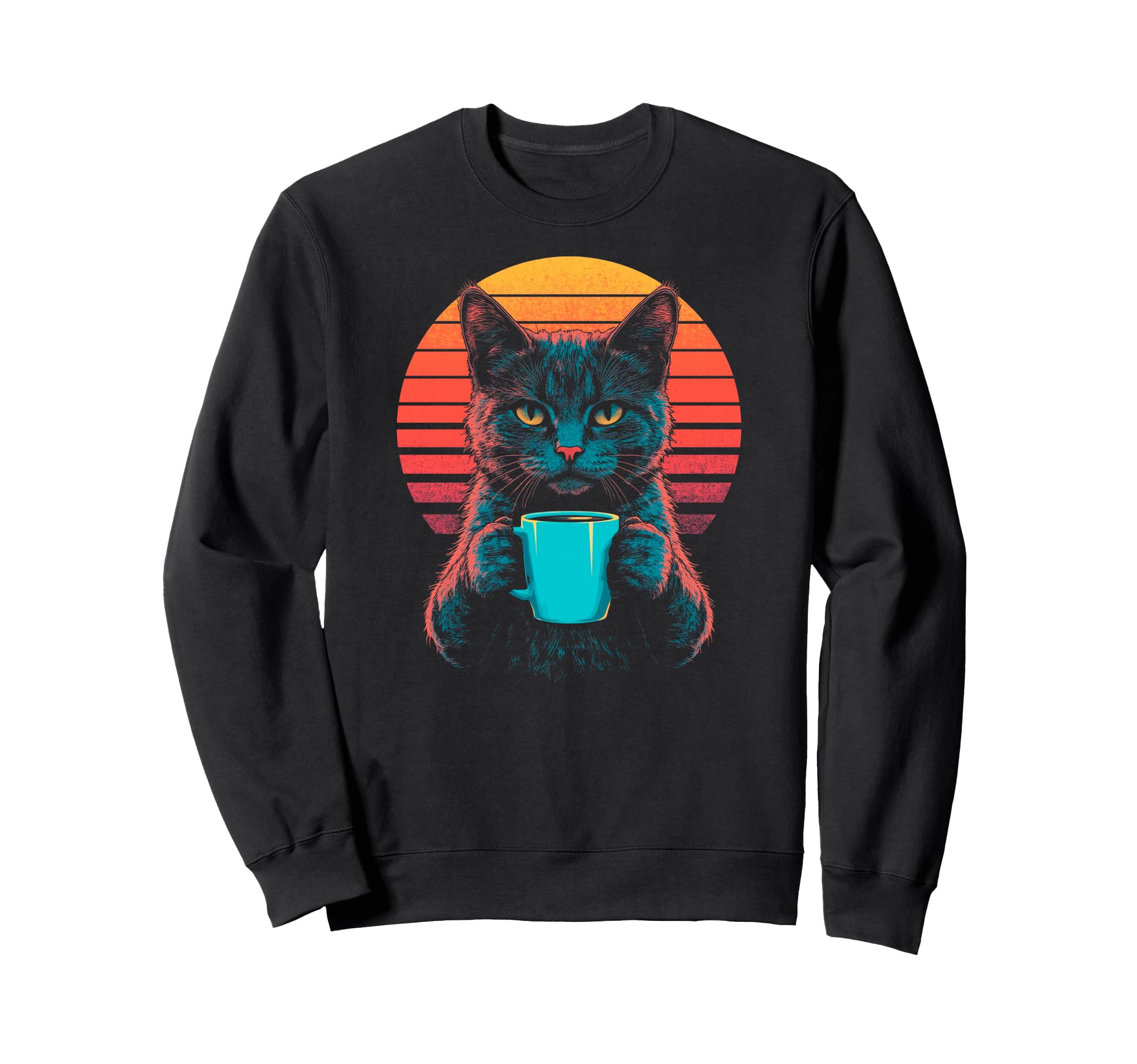 Cat Drinking Coffee Synthwave Sweatshirt - Novelty Apparel Men Women - T-Shirt, Sweatshirt, Hoodie