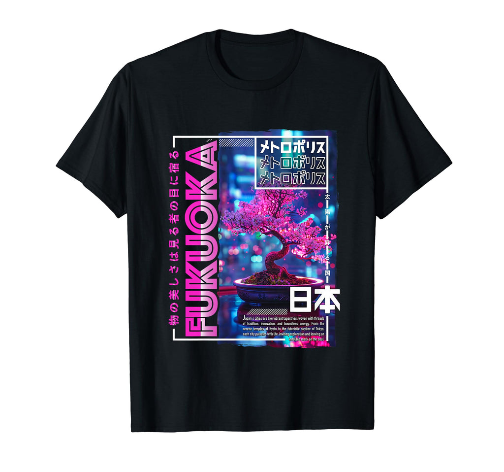 Fukuoka City 80S Synthwave Bonsai Japan T-Shirt - Unique Graphic Unisex - T-Shirt, Sweatshirt, Hoodie