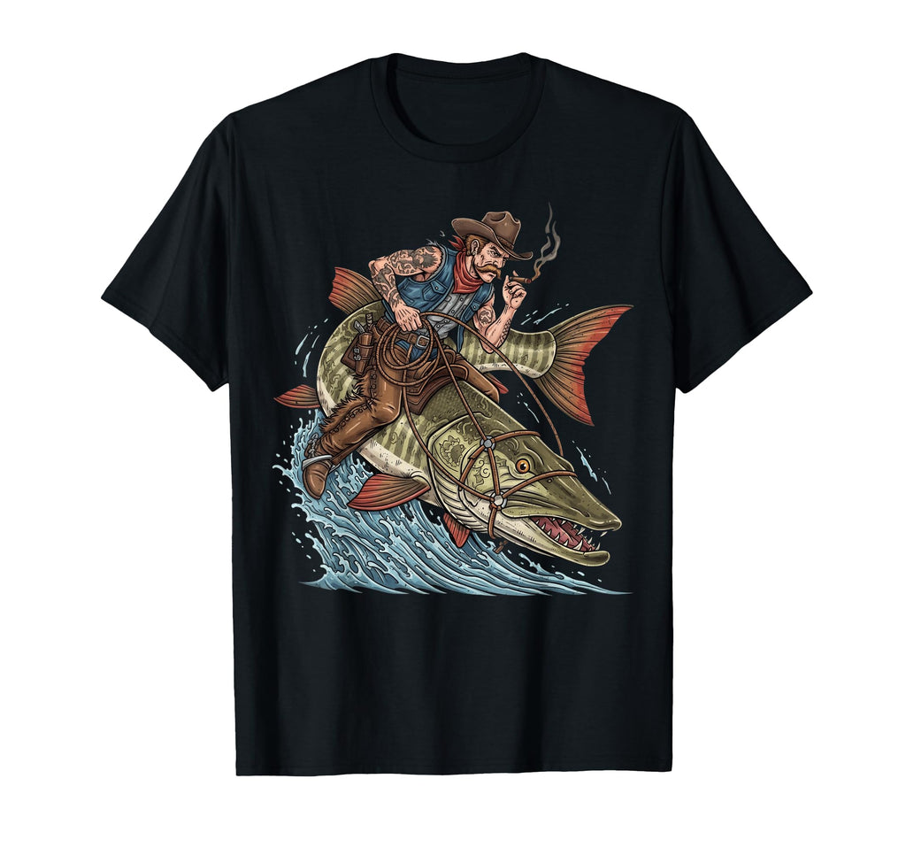 Funny Cowboy Riding Muskie Fish T-Shirt - Custom Art Print Men Women - T-Shirt, Sweatshirt, Hoodie