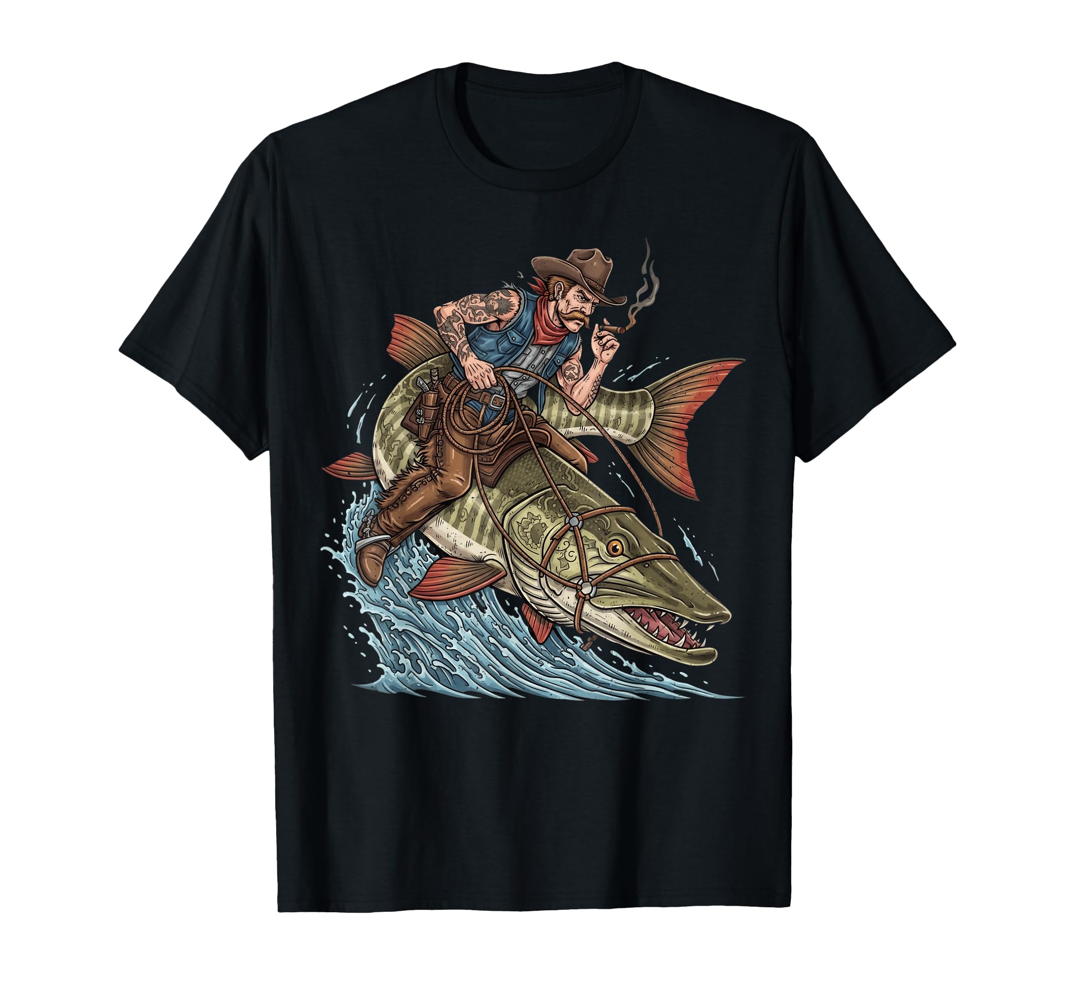 Funny Cowboy Riding Muskie Fish T-Shirt - Custom Art Print Men Women - T-Shirt, Sweatshirt, Hoodie