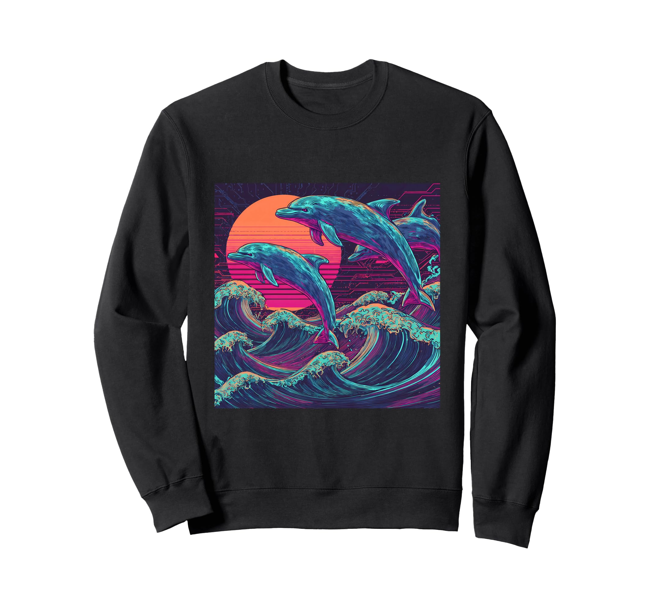 Synthwave Dolphins Jumping Ocean Sweatshirt - Casual Everyday Wear Unisex - T-Shirt, Sweatshirt, Hoodie