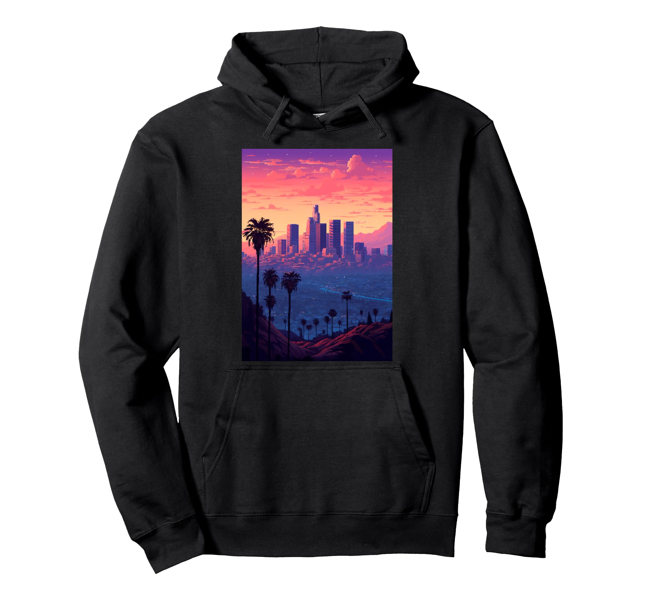 La Sunset Vibe Synthwave 80S Pixel Art Hoodie - Unique Graphic Men Women - T-Shirt, Sweatshirt, Hoodie