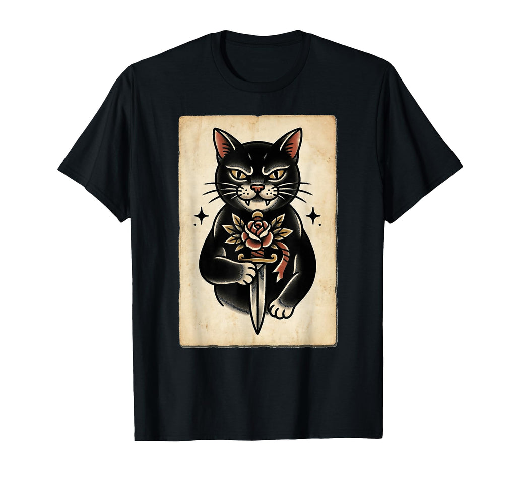 Americana Cat Tattoo Rose And T-Shirt - Aesthetic Graphic for Adults - T-Shirt, Sweatshirt, Hoodie