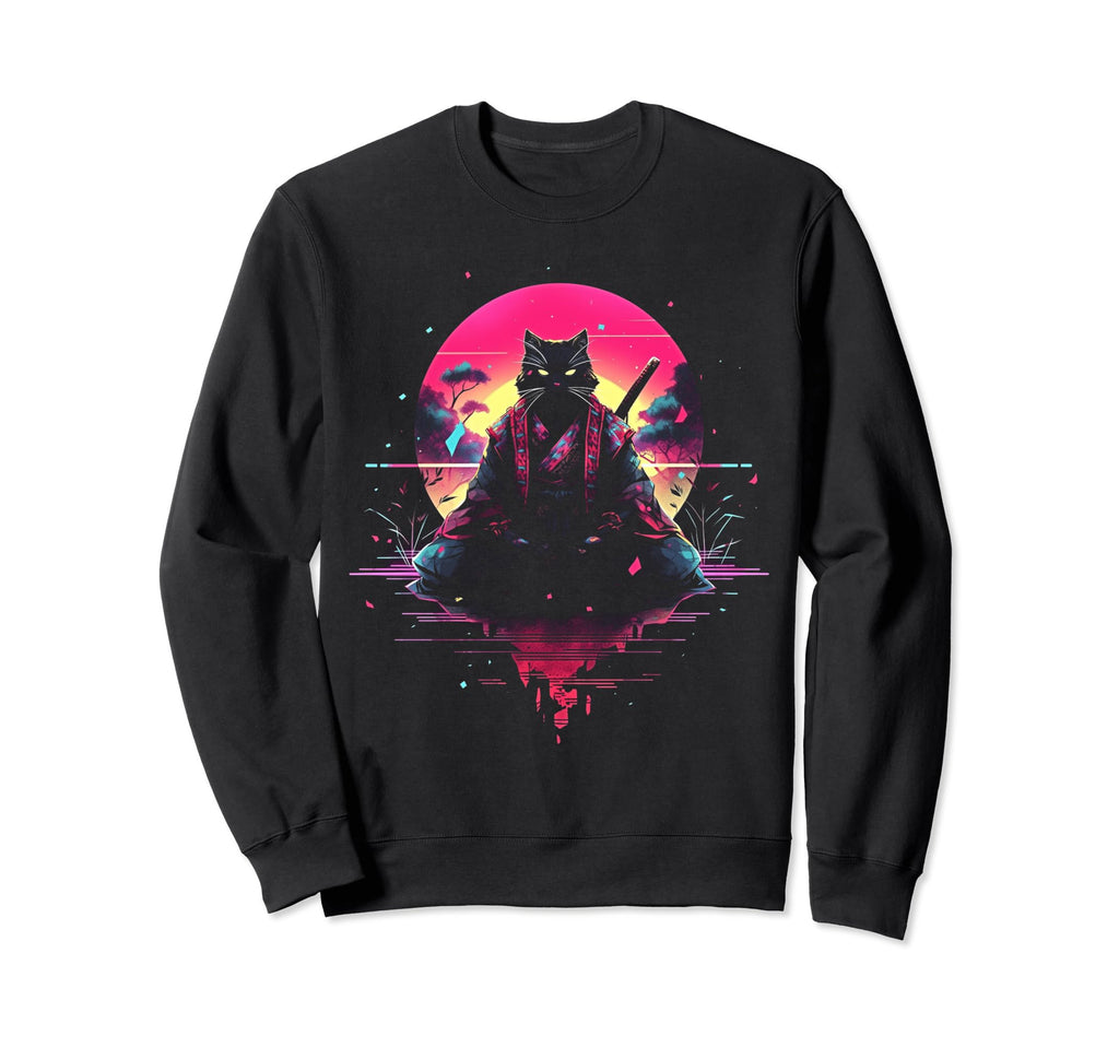 Synthwave Cat Samurai Mediation Sweatshirt - Custom Art Print Men Women - T-Shirt, Sweatshirt, Hoodie