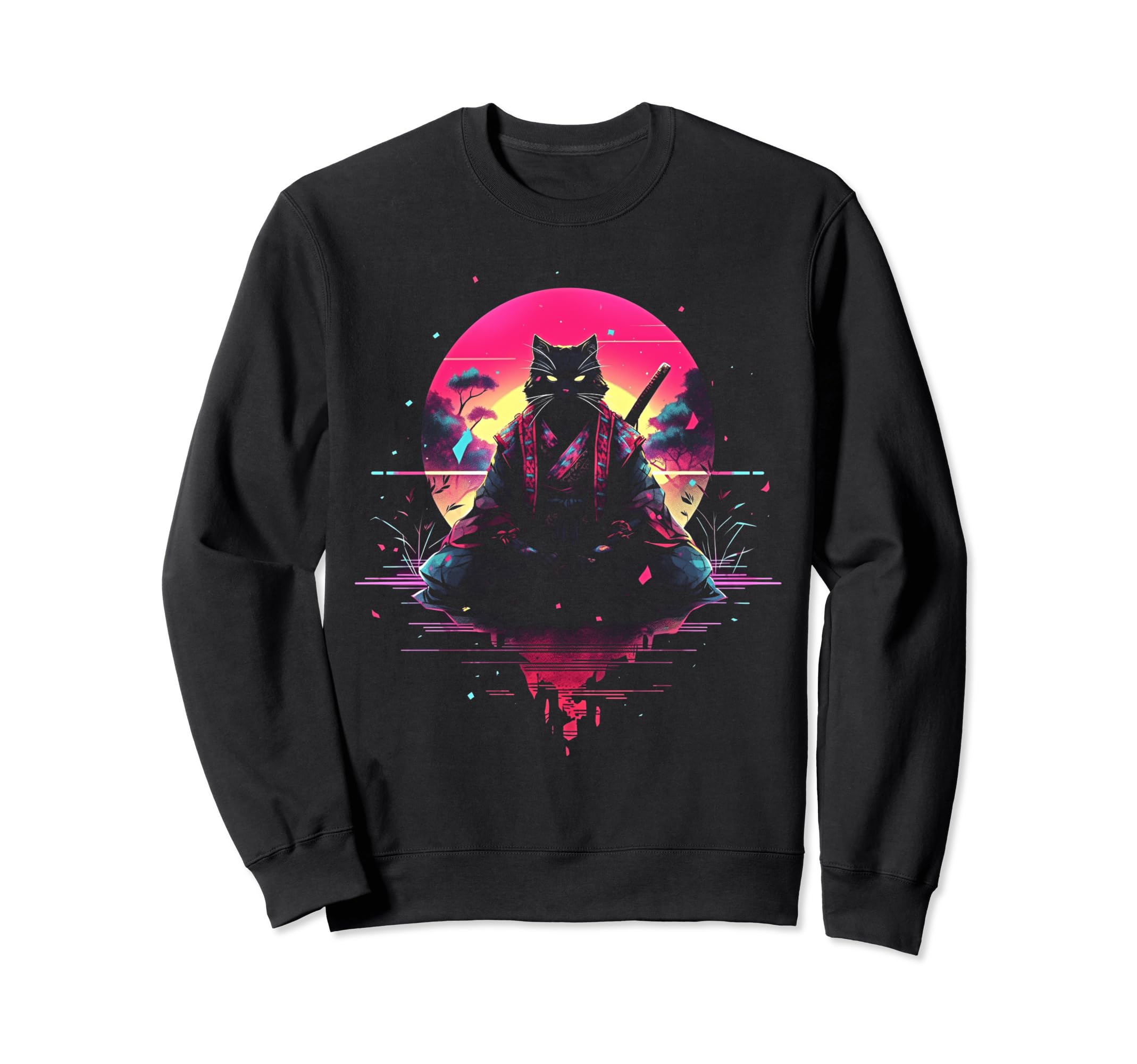 Synthwave Cat Samurai Mediation Sweatshirt - Custom Art Print Men Women - T-Shirt, Sweatshirt, Hoodie