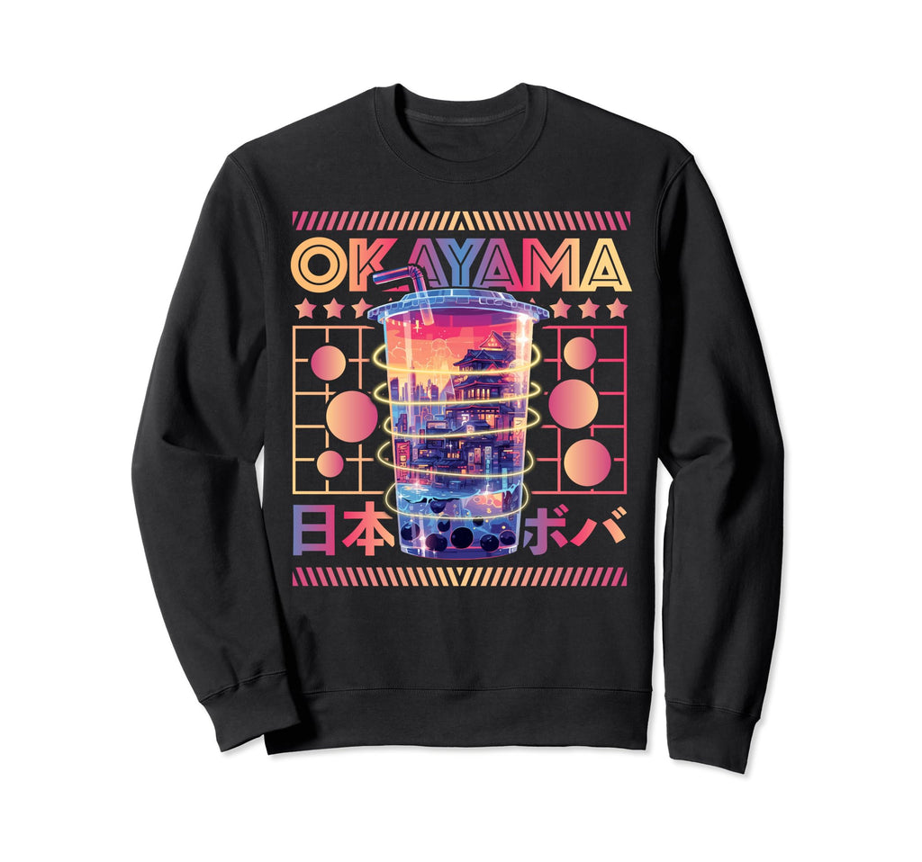 Okayama City 80S Synthwave Boba Tea Sweatshirt - Trendy Graphic Unisex - T-Shirt, Sweatshirt, Hoodie