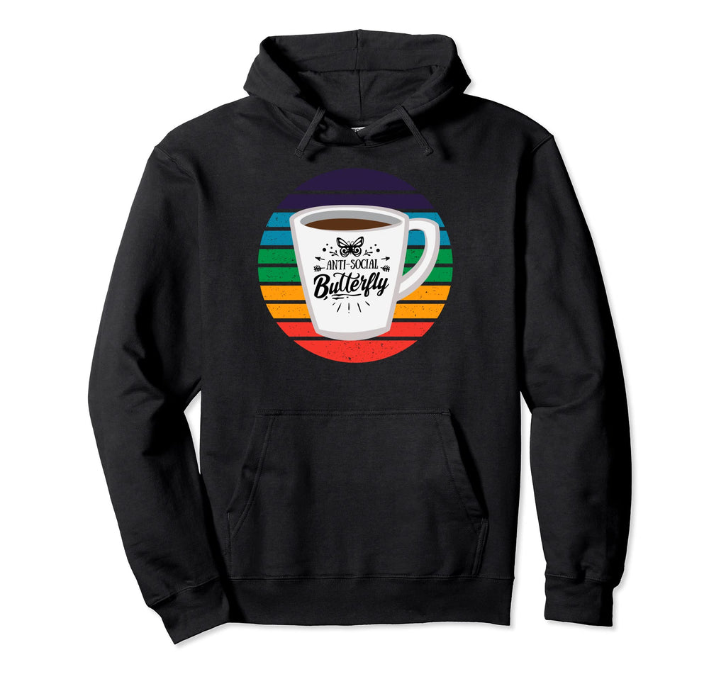 Anti Social Butterfly Coffee Lover Hoodie - Fun Novelty Design for Adults - T-Shirt, Sweatshirt, Hoodie