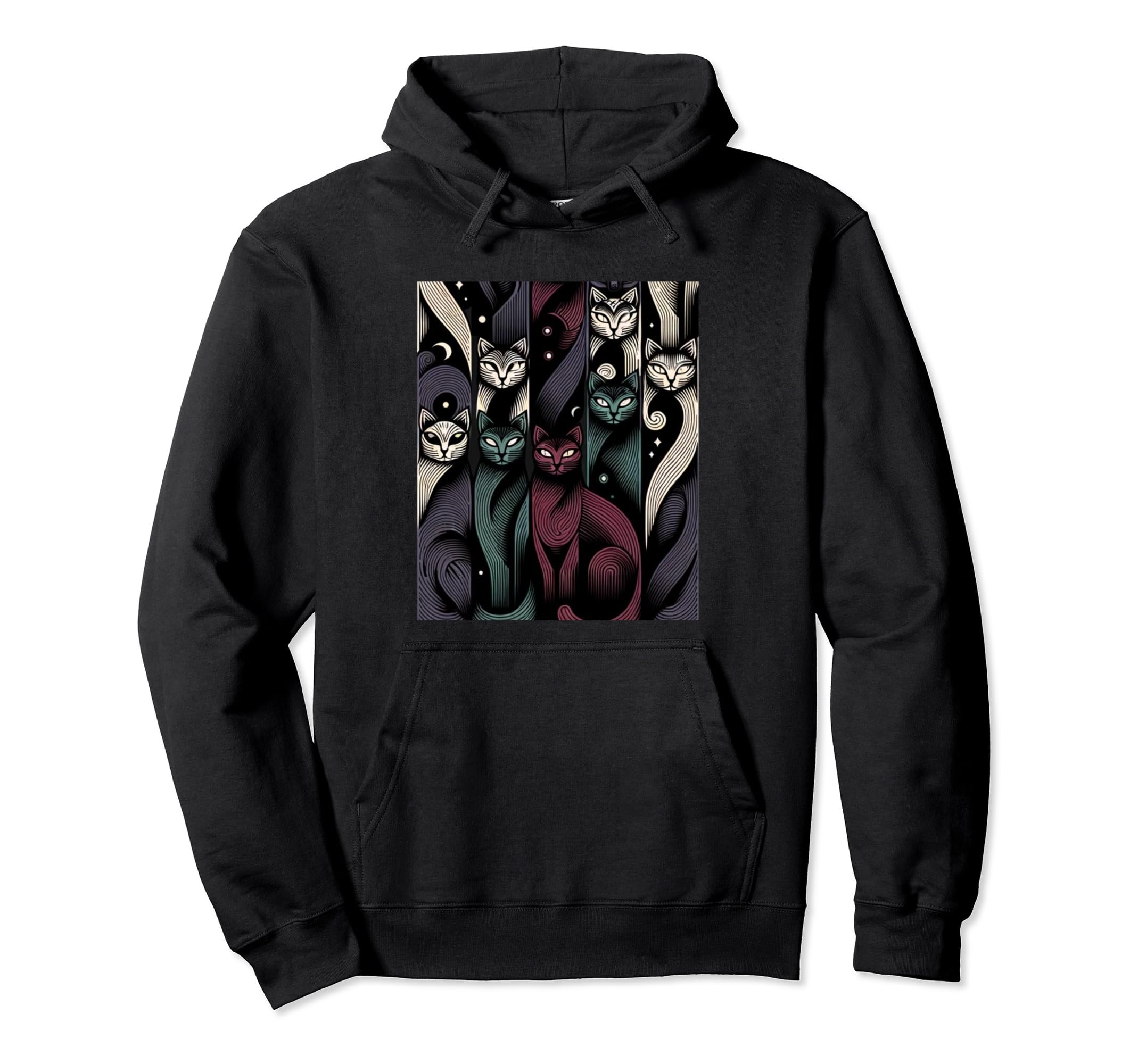 Dark Mid Century Long Neck Cats 50S 60S Hoodie - Trendy Graphic for Adults - T-Shirt, Sweatshirt, Hoodie