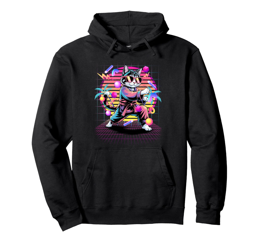 Synthwave Karate Cat 80S Martial Arts Feline Hoodie - Graphic Print Unisex - T-Shirt, Sweatshirt, Hoodie