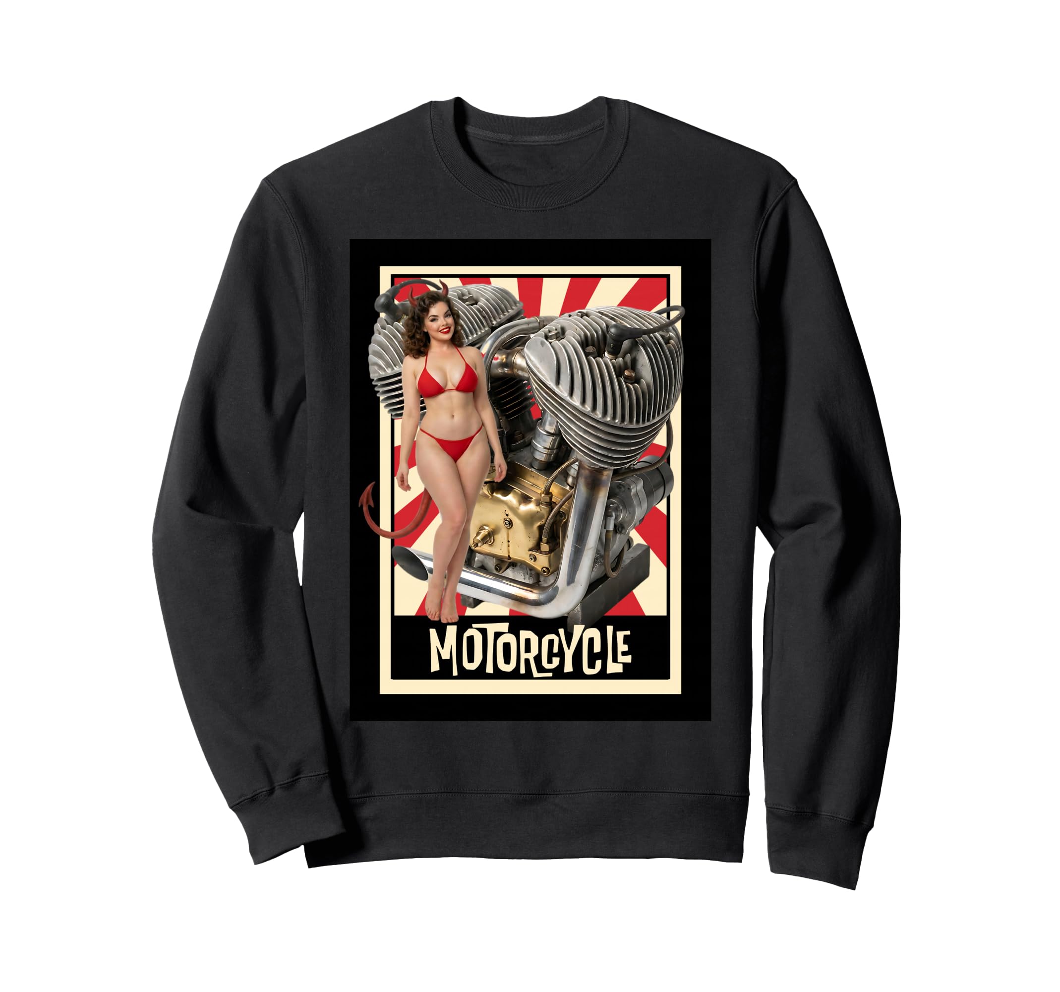 Devil Pin Up And Motorcycle Engine Sweatshirt - Streetwear Style for Adults - T-Shirt, Sweatshirt, Hoodie