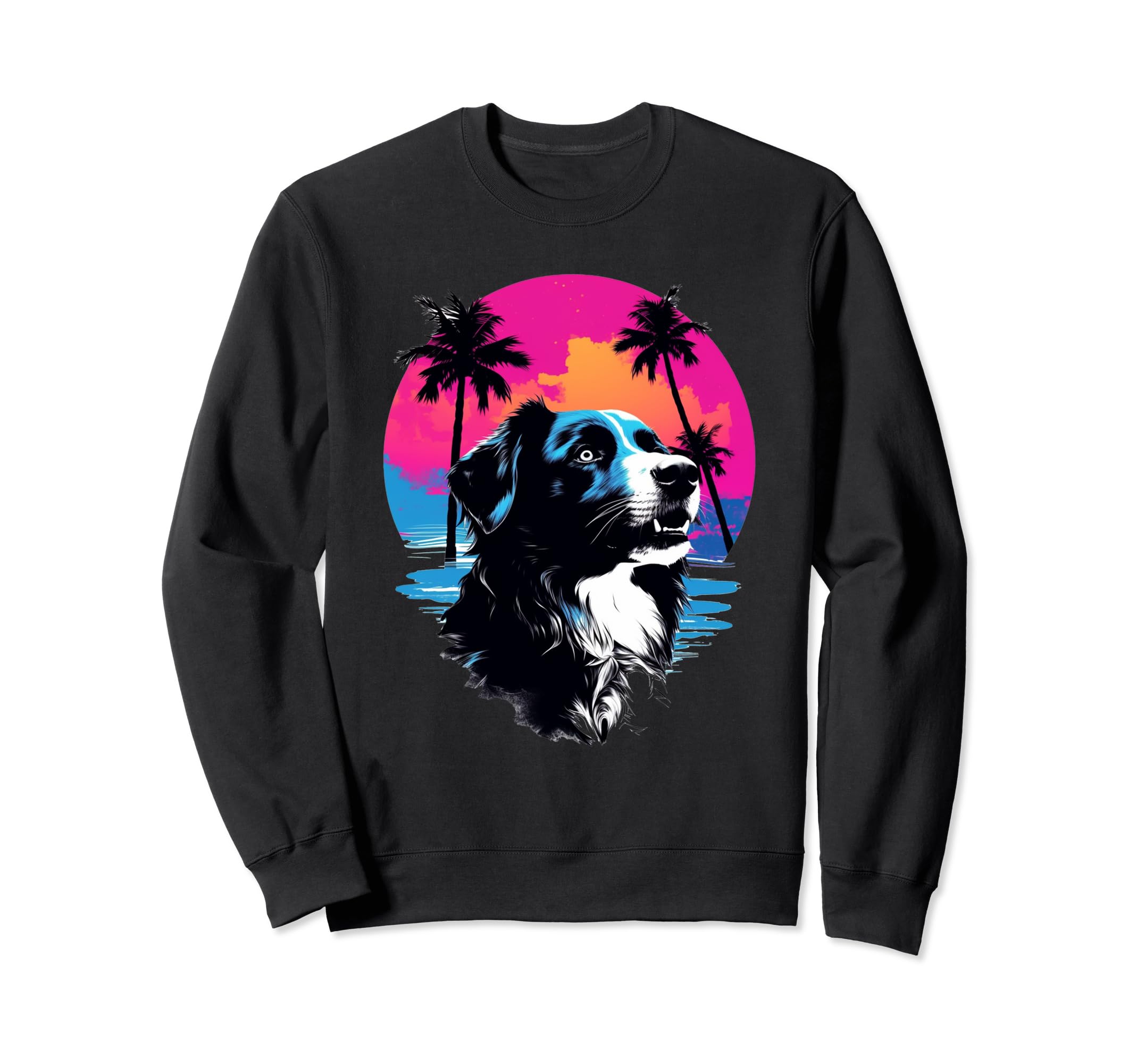Border Collie 80S Synthwave Sunset Sweatshirt - Unique Graphic Unisex - T-Shirt, Sweatshirt, Hoodie