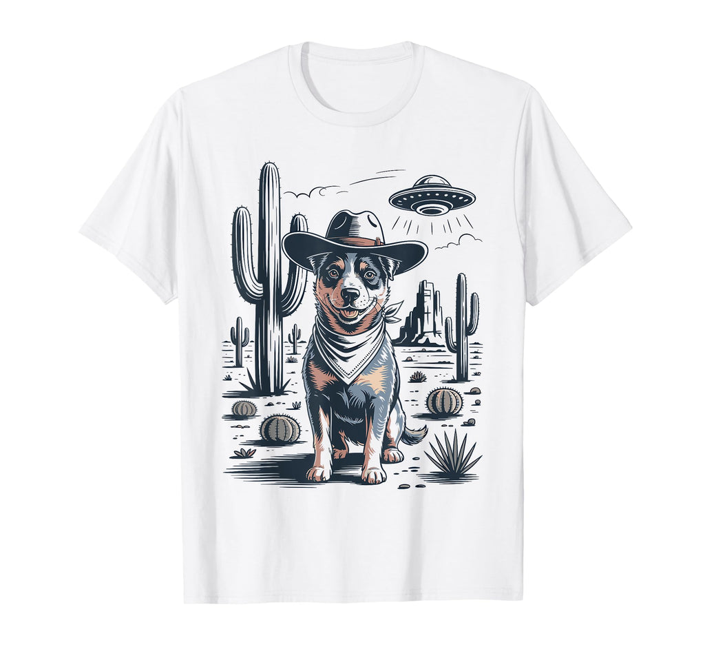 Cowboy Blue Heeler Dog Ufo Western T-Shirt - Casual Everyday Wear Men Women - T-Shirt, Sweatshirt, Hoodie