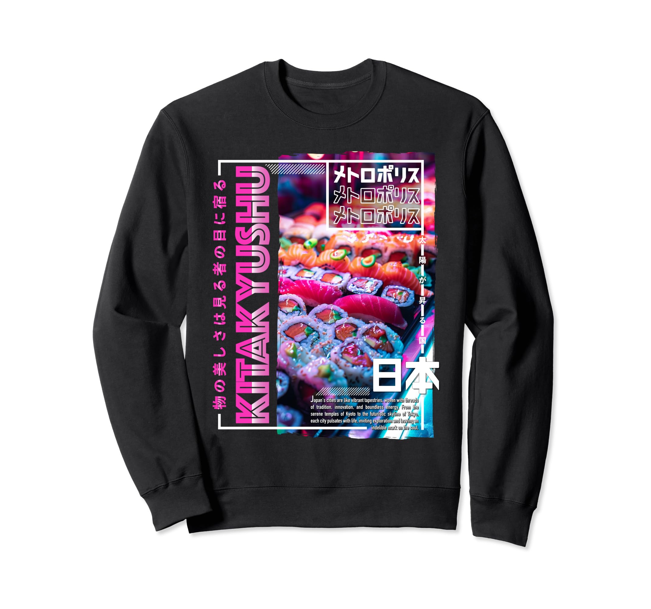 Kitakyushu City 80S Synthwave Sushi Sweatshirt - Graphic Print for Adults - T-Shirt, Sweatshirt, Hoodie