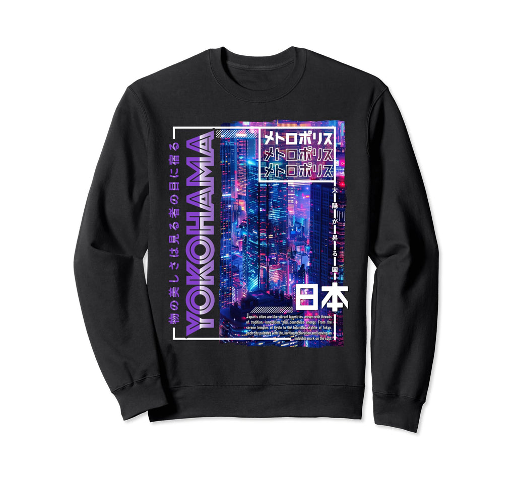 Yokohama City 80S Synthwave Skyline Sweatshirt - Fun Novelty Design Unisex - T-Shirt, Sweatshirt, Hoodie