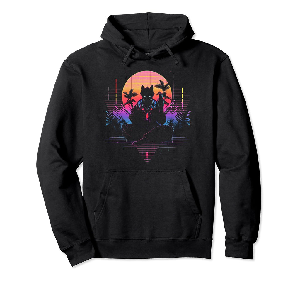 Synthwave Cat Samurai Mediation Hoodie - Aesthetic Graphic Unisex - T-Shirt, Sweatshirt, Hoodie