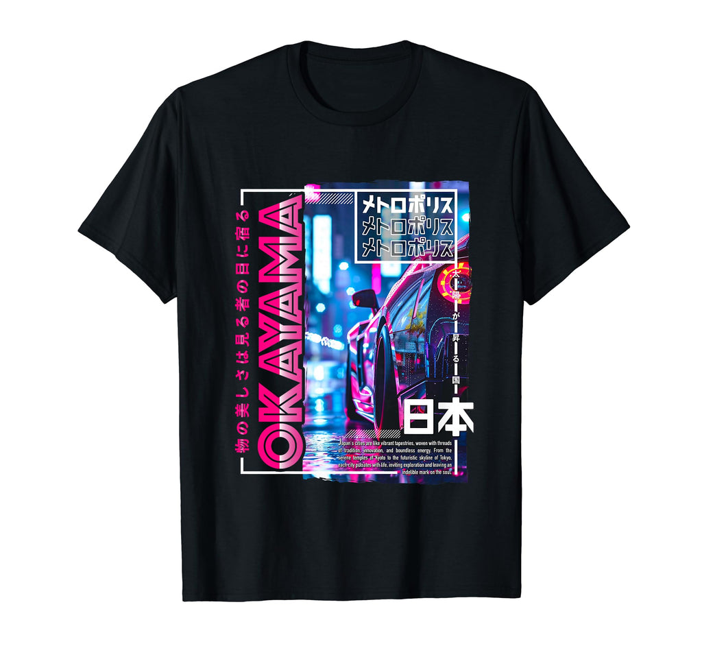 Okayama City 80S Synthwave Racing T-Shirt - Casual Everyday Wear Unisex - T-Shirt, Sweatshirt, Hoodie