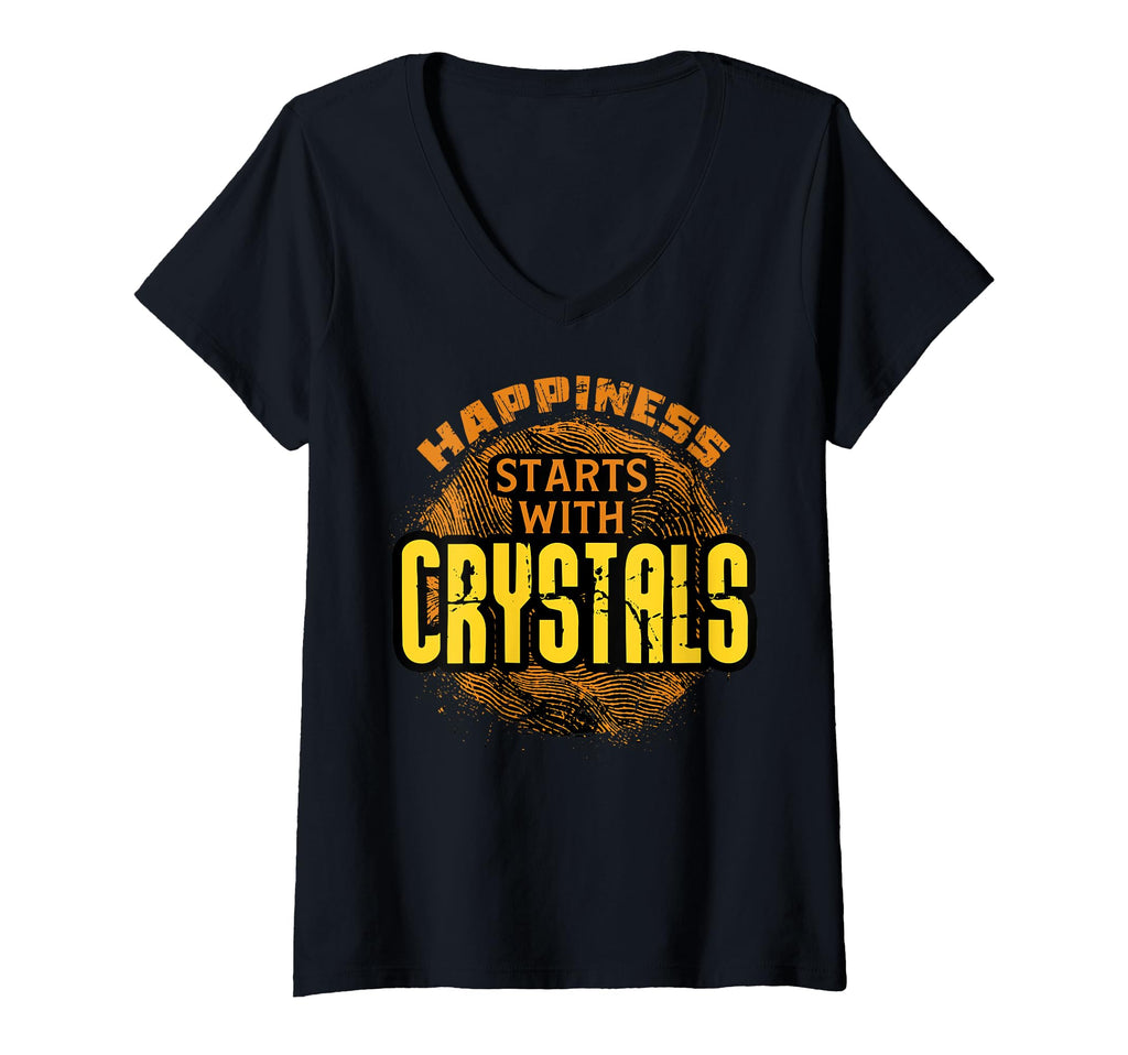 Womens Happiness Starts Crystals V Neck T-Shirt - Unique Graphic for Adults - T-Shirt, Sweatshirt, Hoodie