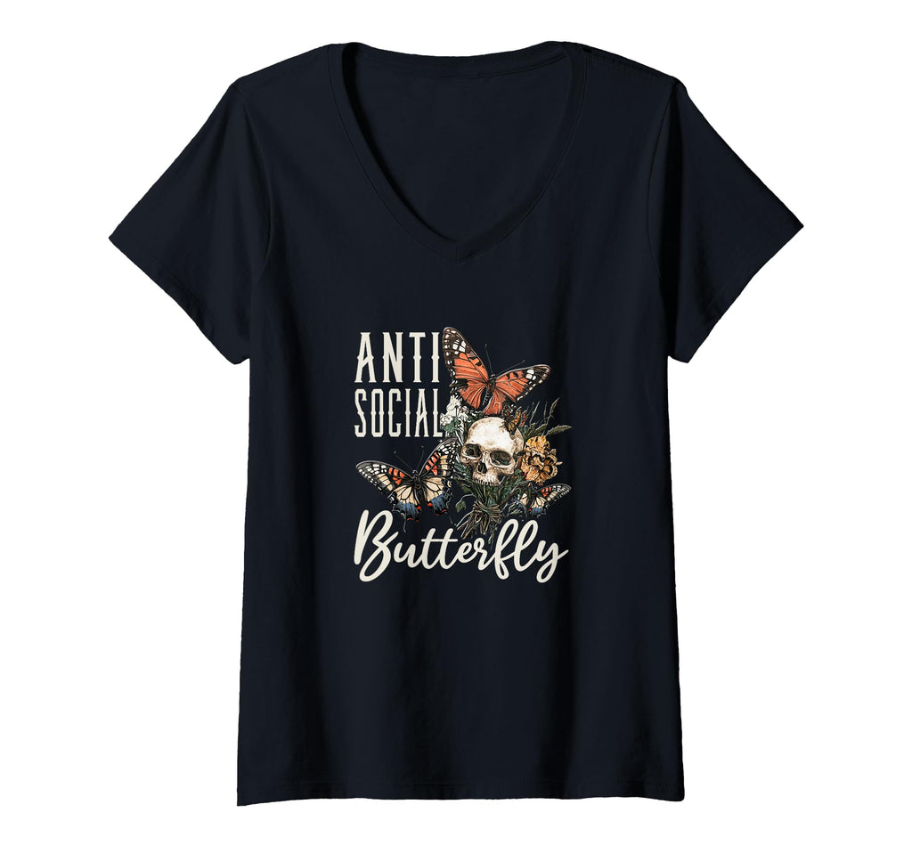 Womens Antisocial Butterfly V Neck T-Shirt - Fun Novelty Design Men Women - T-Shirt, Sweatshirt, Hoodie