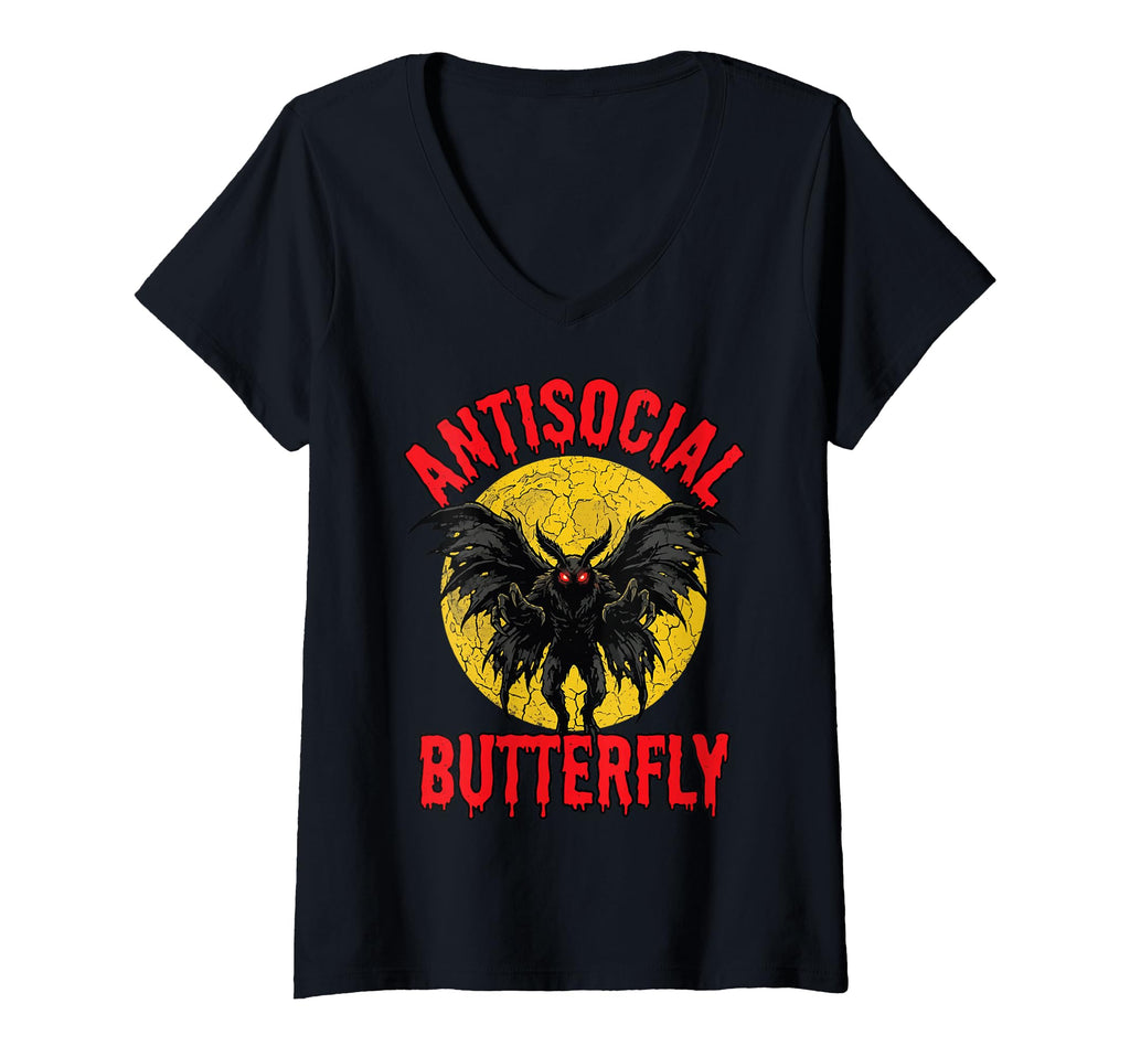 Womens Antisocial Butterfly V Neck T-Shirt - Unique Graphic for Adults - T-Shirt, Sweatshirt, Hoodie