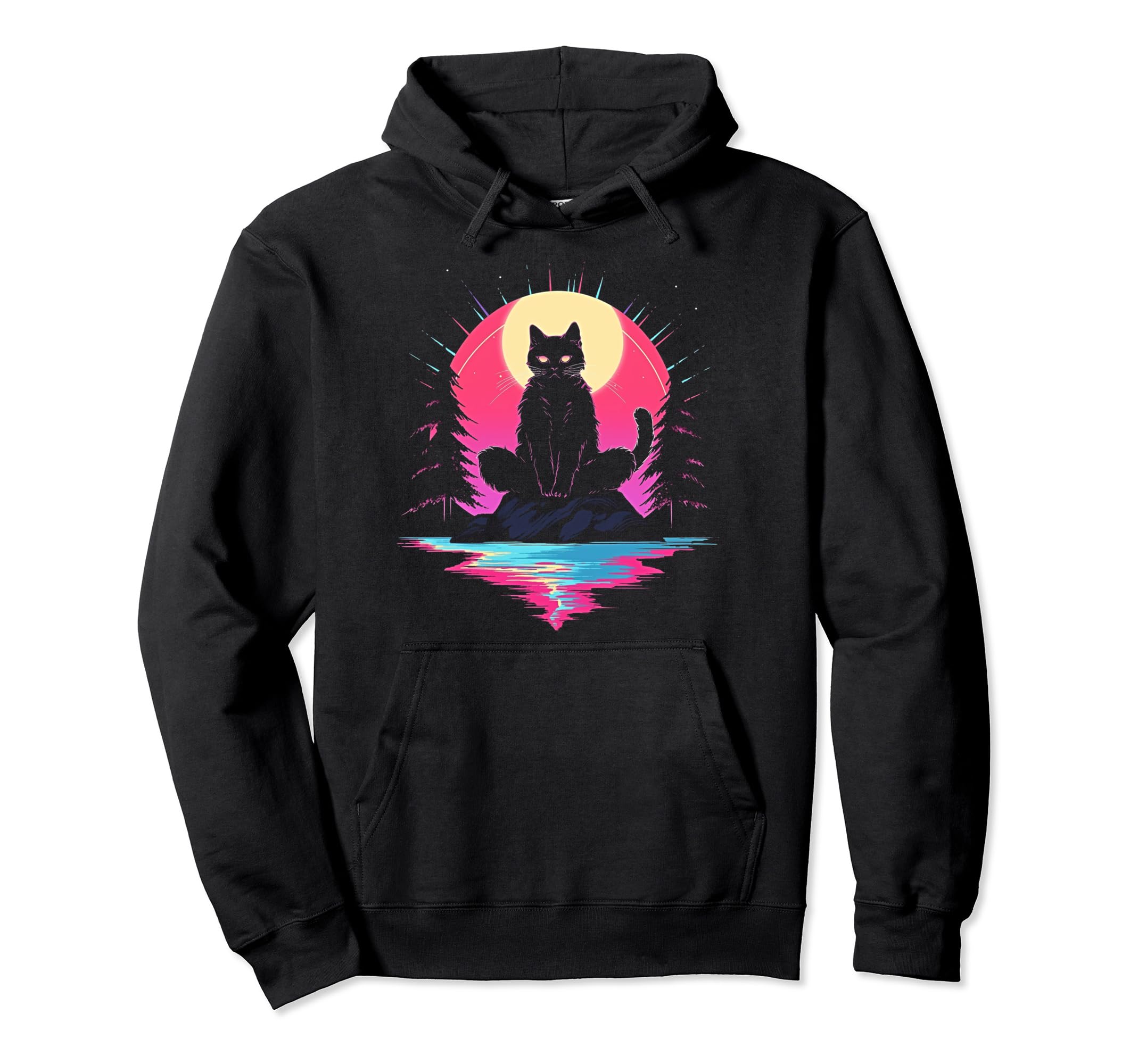 Synthwave Cat Samurai Mediation Hoodie - Fun Novelty Design for Adults - T-Shirt, Sweatshirt, Hoodie