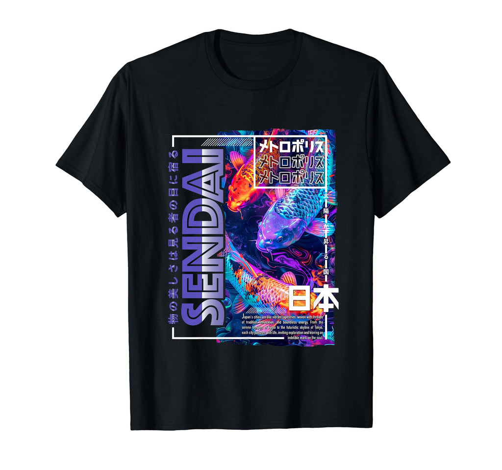 Sendai City 80S Synthwave Koi Carp T-Shirt - Novelty Apparel Men Women - T-Shirt, Sweatshirt, Hoodie