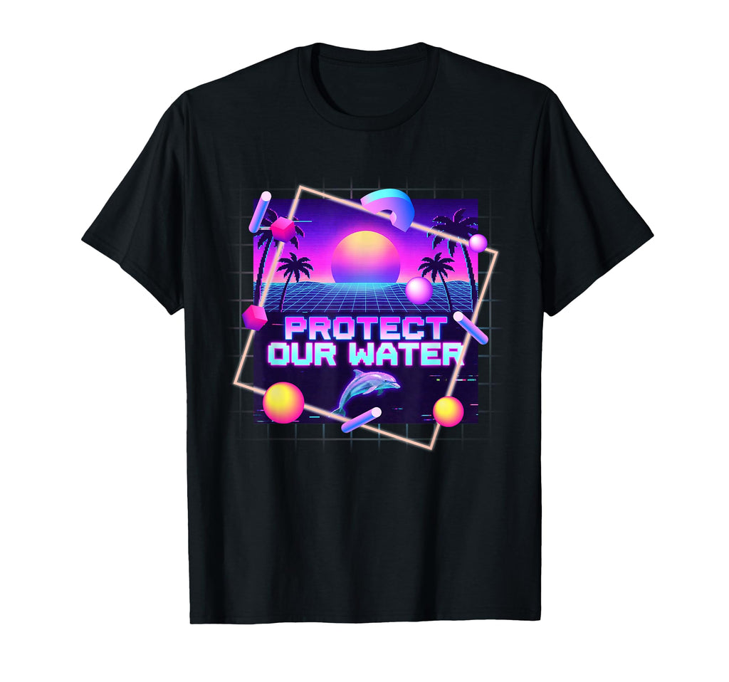 Protect Our Water Synthwave Dolphin T-Shirt - Novelty Apparel for Adults - T-Shirt, Sweatshirt, Hoodie