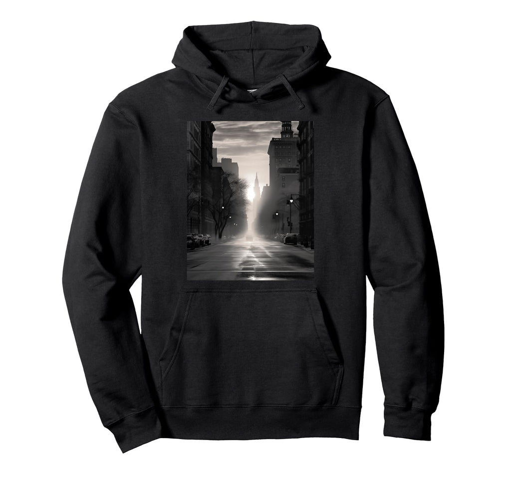 Black White Photo City Street Sunset Hoodie - Fun Novelty Design Men Women - T-Shirt, Sweatshirt, Hoodie