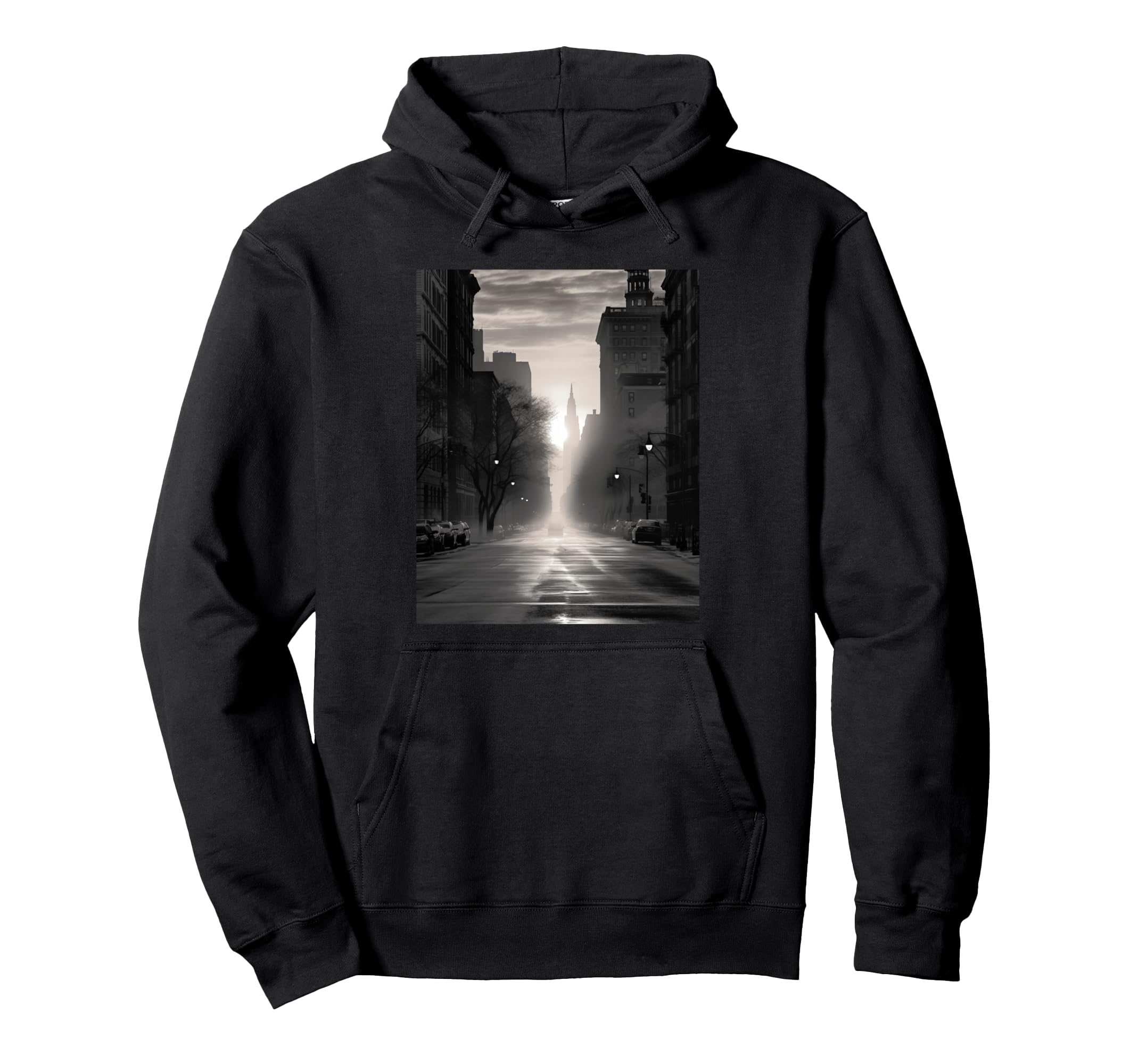 Black White Photo City Street Sunset Hoodie - Fun Novelty Design Men Women - T-Shirt, Sweatshirt, Hoodie