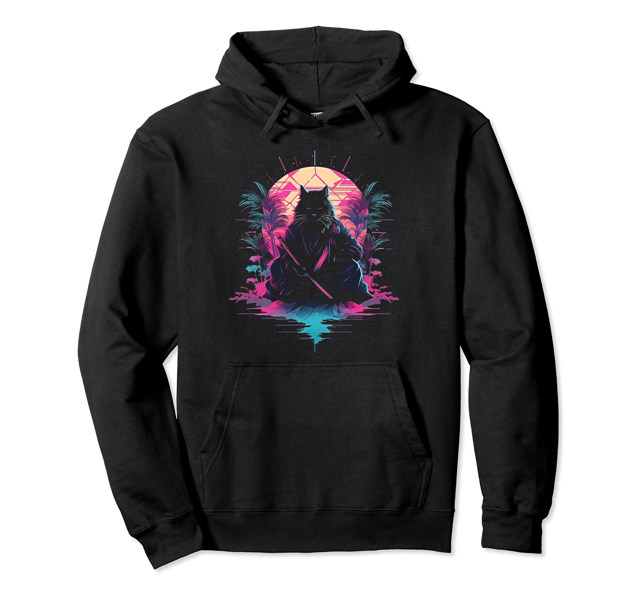 Synthwave Cat Samurai Mediation Hoodie - Custom Art Print for Adults - T-Shirt, Sweatshirt, Hoodie
