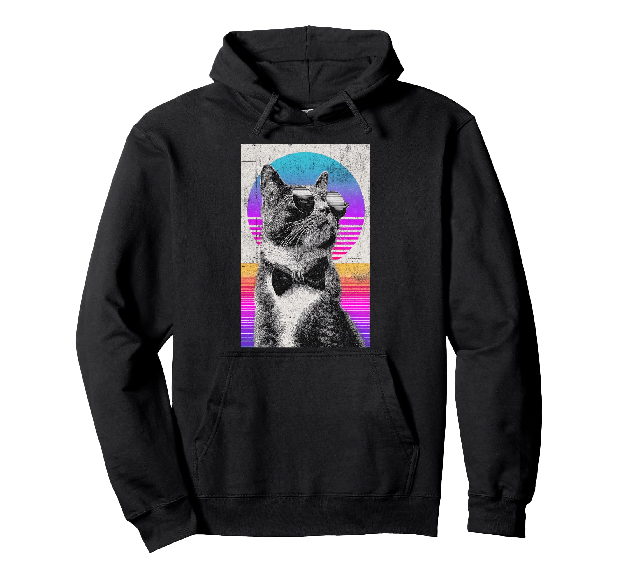 Funny Cat Bow Tie 80S Synthwave Hoodie - Custom Art Print for Adults - T-Shirt, Sweatshirt, Hoodie