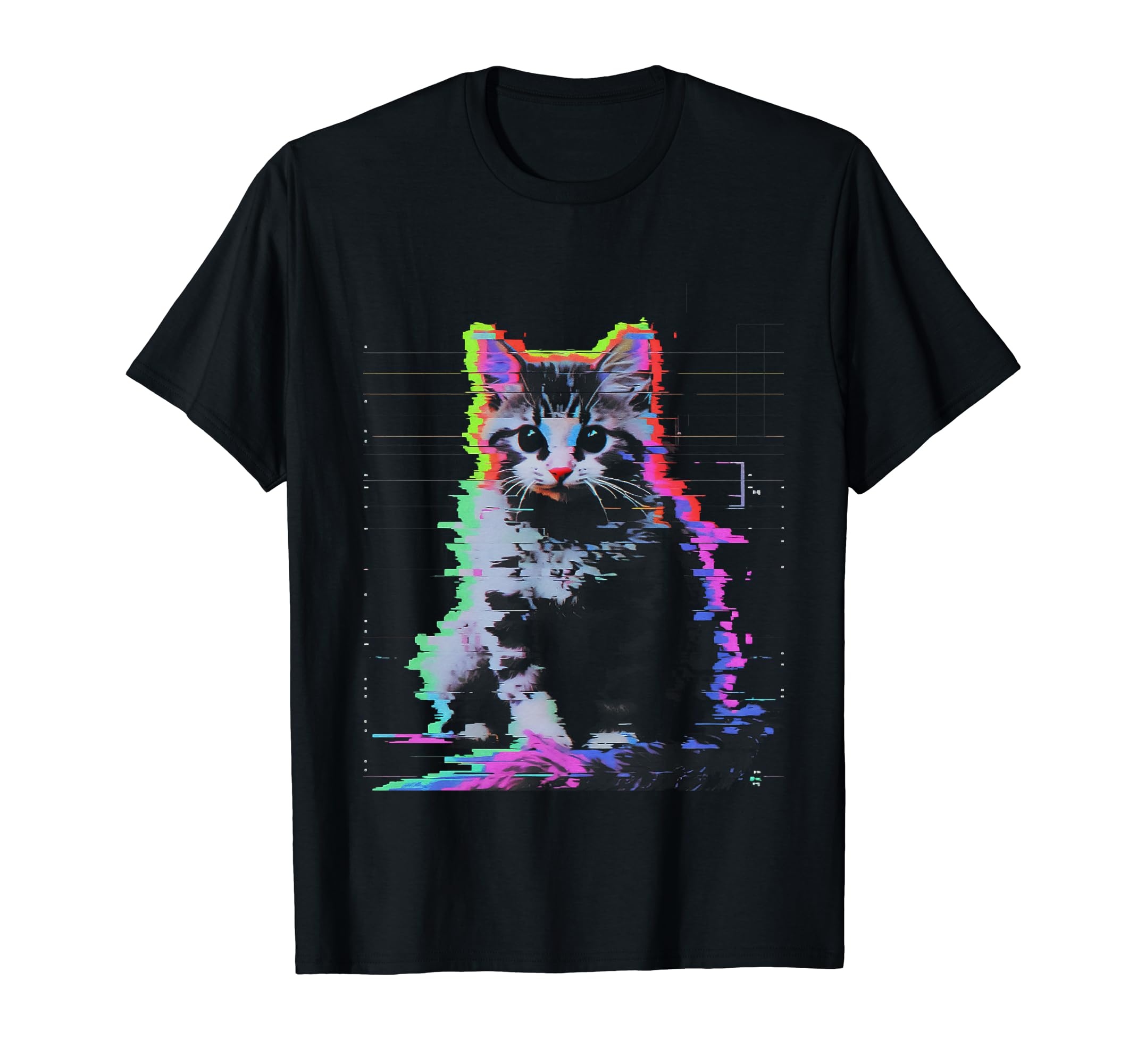 Psychedelic Trippy Glitch Cat 80S T-Shirt - Fun Novelty Design for Adults - T-Shirt, Sweatshirt, Hoodie