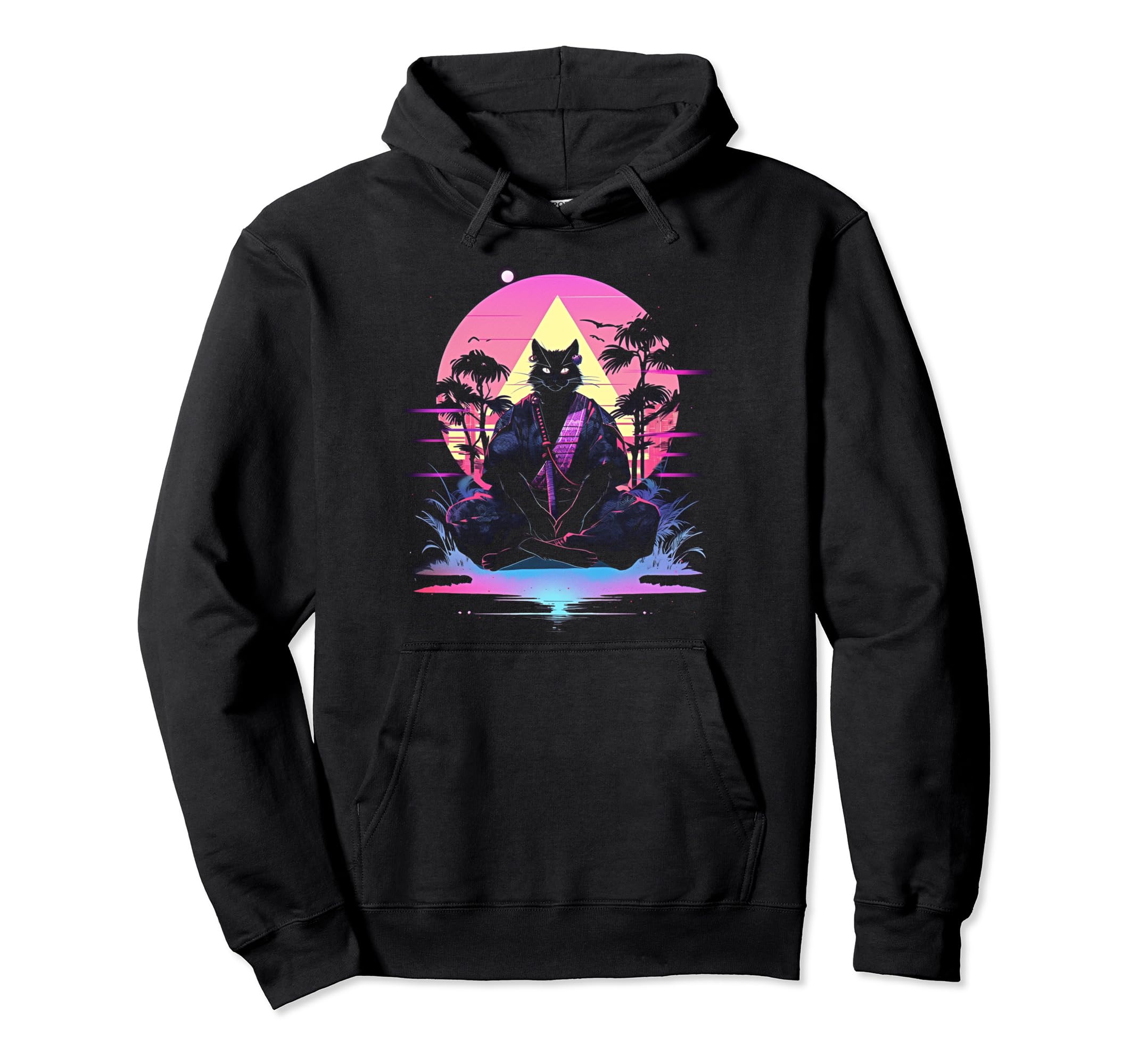 Synthwave Cat Samurai Mediation Hoodie - Streetwear Style for Adults - T-Shirt, Sweatshirt, Hoodie