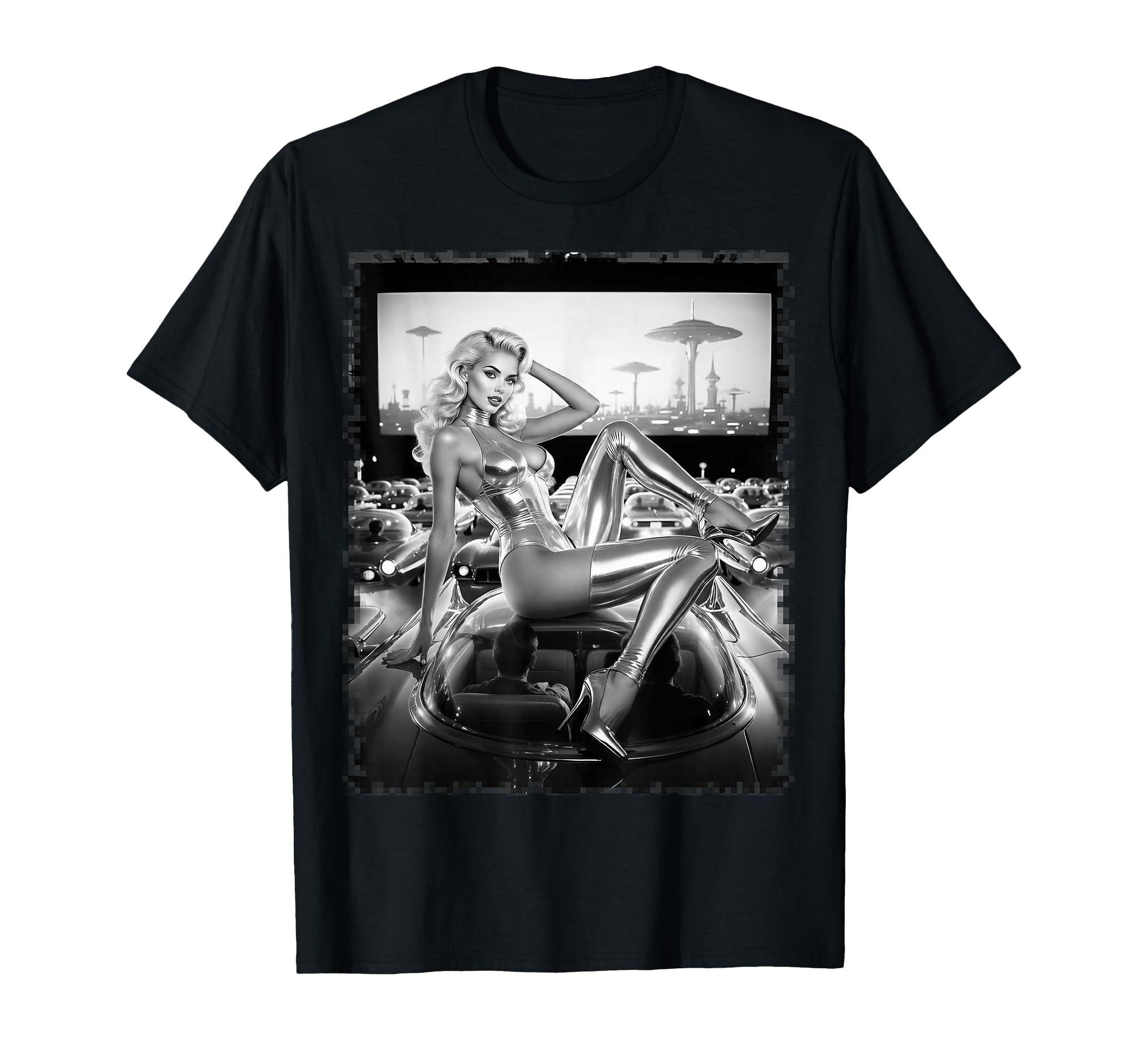 Sexy Futuristic Blonde Bombshell Bw T-Shirt - Unique Graphic Men Women - T-Shirt, Sweatshirt, Hoodie