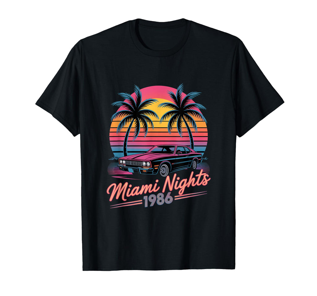 Miami Nights 1986 Car Palm Trees T-Shirt - Aesthetic Graphic for Adults - T-Shirt, Sweatshirt, Hoodie