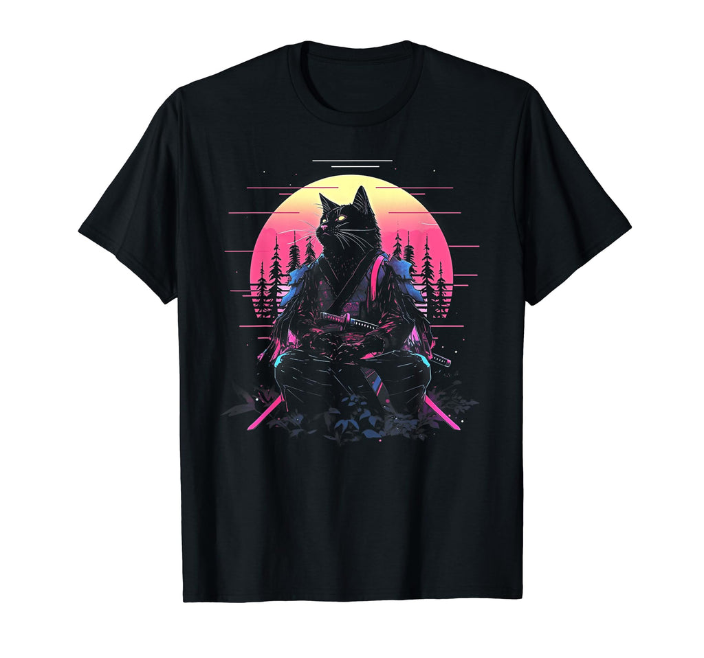 Synthwave Cat Samurai Mediation T-Shirt - Minimalist Print Men Women - T-Shirt, Sweatshirt, Hoodie