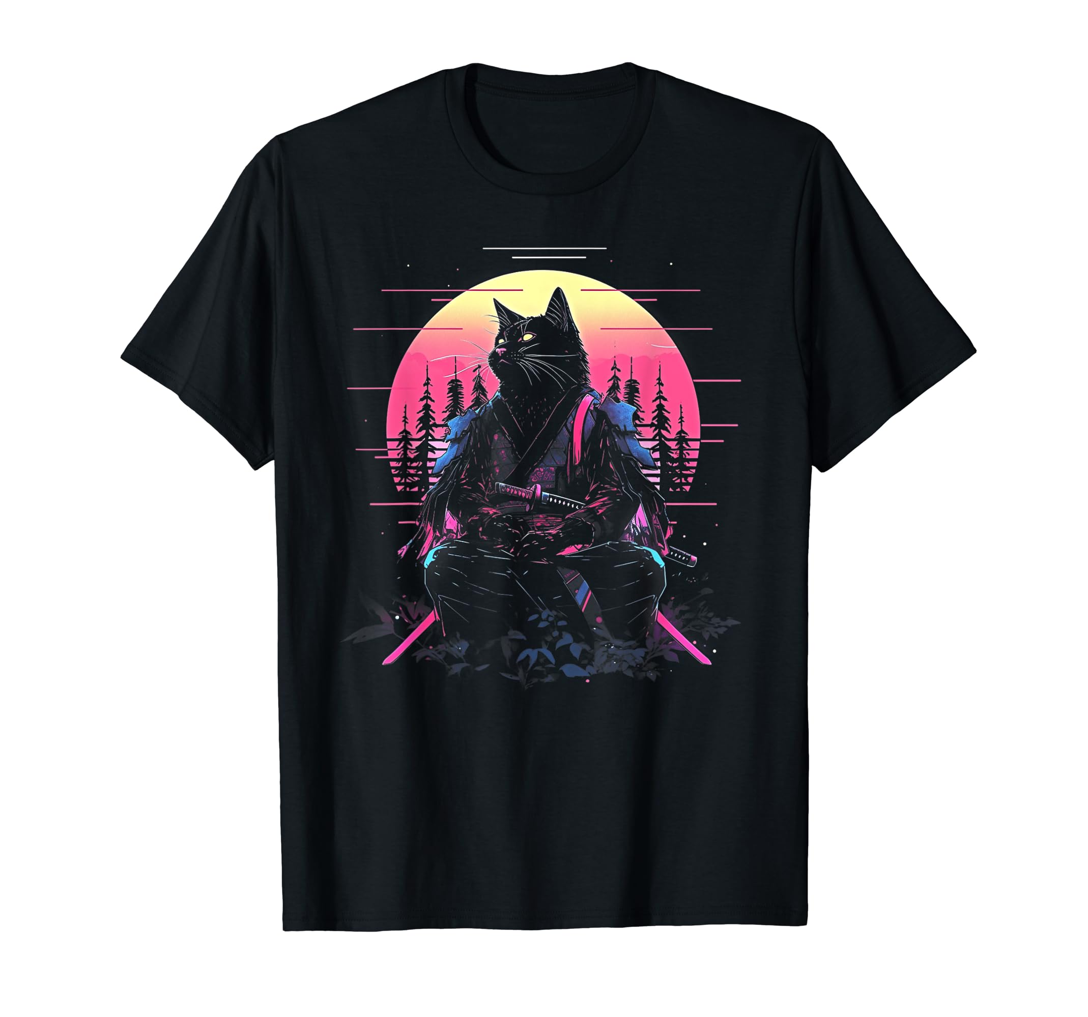 Synthwave Cat Samurai Mediation T-Shirt - Minimalist Print Men Women - T-Shirt, Sweatshirt, Hoodie