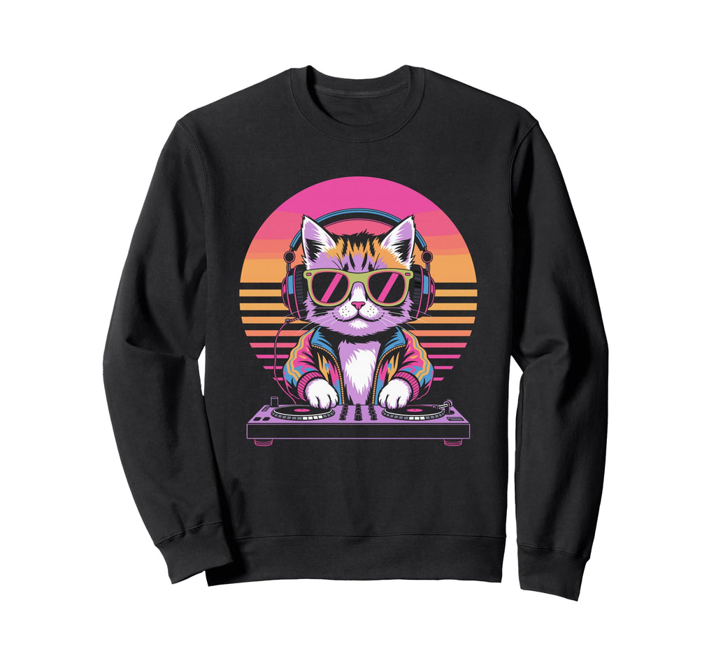 Synthwave Dj Cat Headphones Sweatshirt - Casual Everyday Wear Unisex - T-Shirt, Sweatshirt, Hoodie