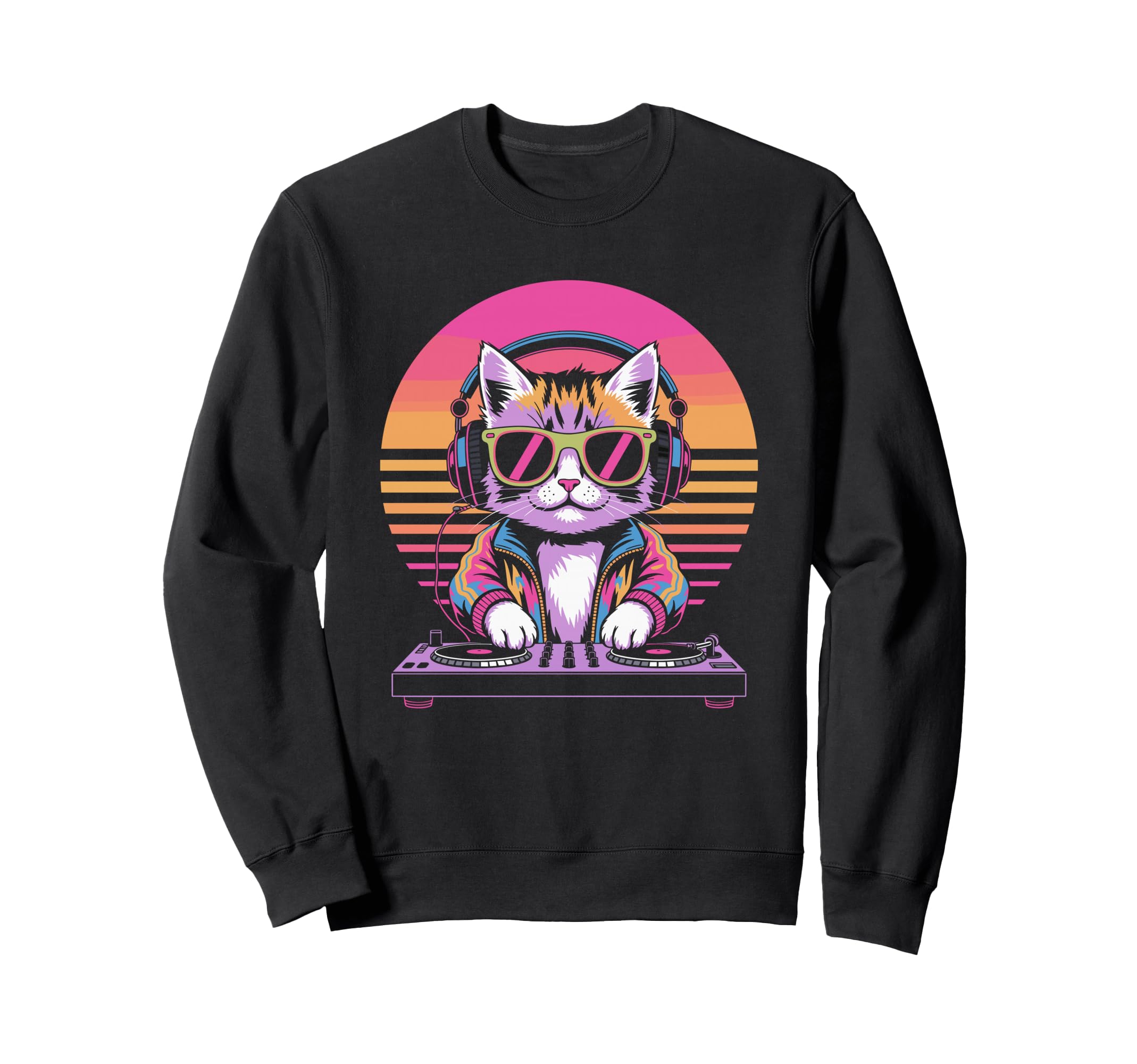 Synthwave Dj Cat Headphones Sweatshirt - Casual Everyday Wear Unisex - T-Shirt, Sweatshirt, Hoodie