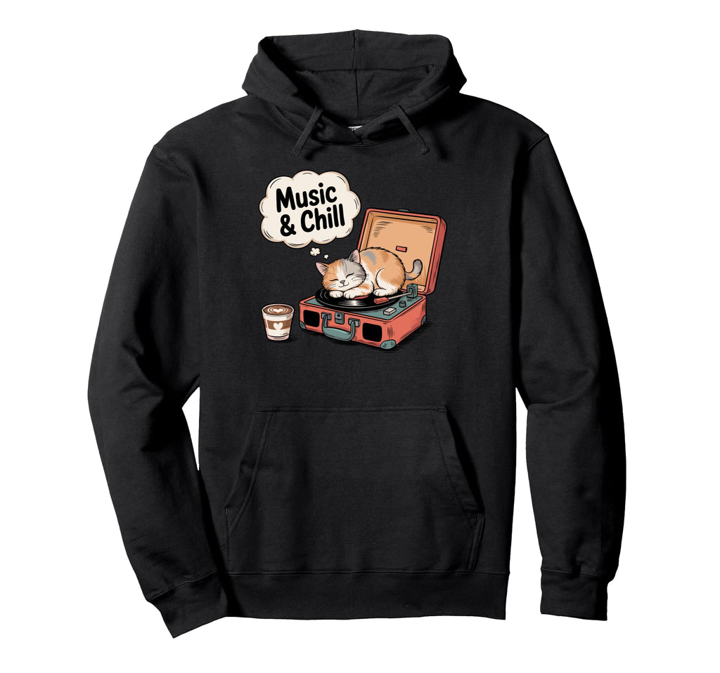 Music And Chill Cat Sleeping Record Player Hoodie - Novelty Apparel Unisex - T-Shirt, Sweatshirt, Hoodie
