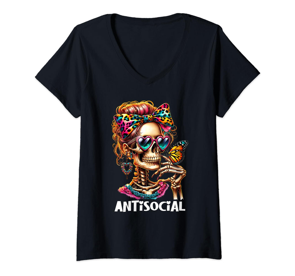 Womens Antisocial Butterfly V Neck T-Shirt - Trendy Graphic for Adults - T-Shirt, Sweatshirt, Hoodie