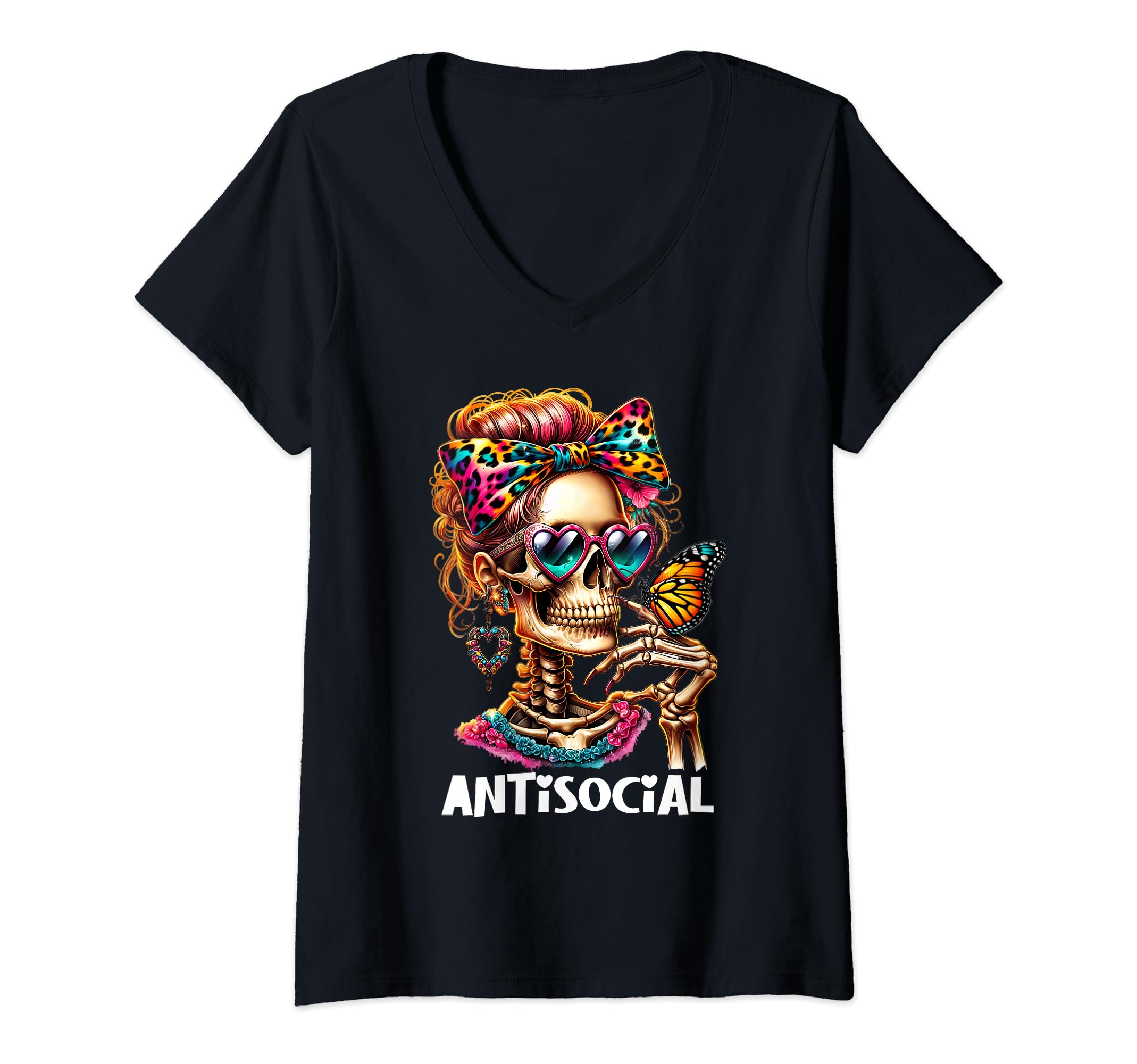 Womens Antisocial Butterfly V Neck T-Shirt - Trendy Graphic for Adults - T-Shirt, Sweatshirt, Hoodie