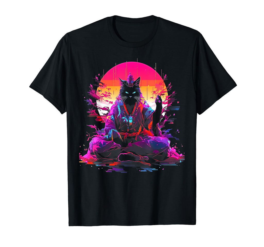 Synthwave Cat Samurai Mediation T-Shirt - Fun Novelty Design Men Women - T-Shirt, Sweatshirt, Hoodie