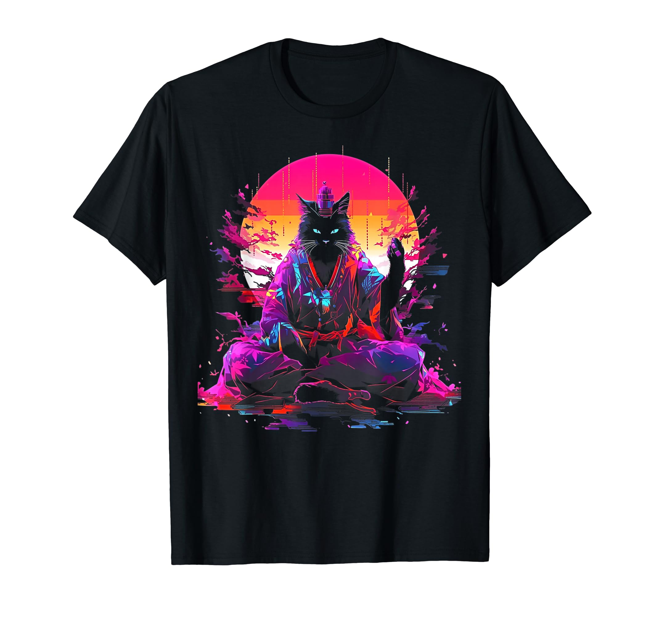 Synthwave Cat Samurai Mediation T-Shirt - Fun Novelty Design Men Women - T-Shirt, Sweatshirt, Hoodie