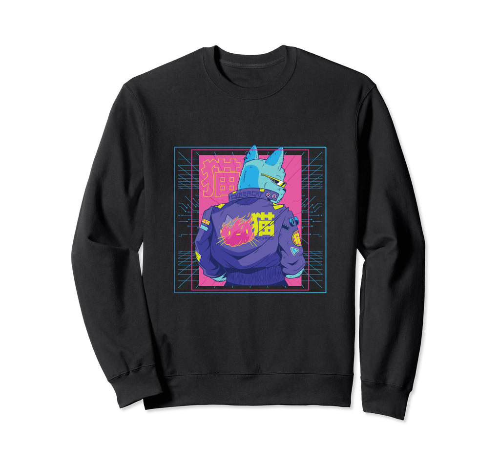 Outrun Cyberpunk Cat 90S 80S Glitch Sweatshirt - Novelty Apparel Unisex - T-Shirt, Sweatshirt, Hoodie
