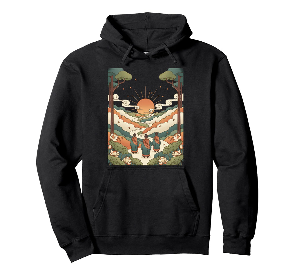 Mindful Journey Monks Walking Sunset Hoodie - Minimalist Print Men Women - T-Shirt, Sweatshirt, Hoodie
