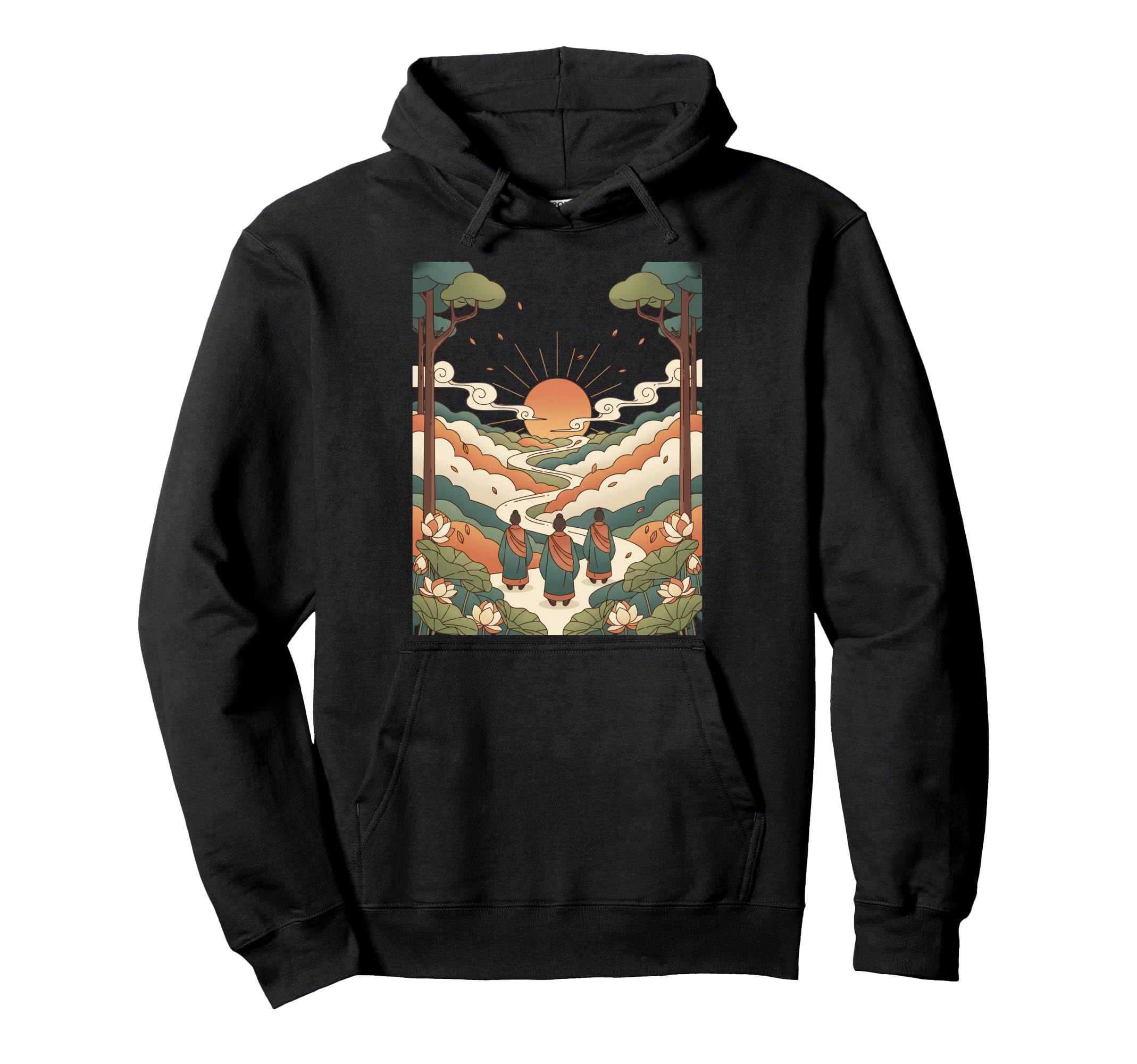 Mindful Journey Monks Walking Sunset Hoodie - Minimalist Print Men Women - T-Shirt, Sweatshirt, Hoodie