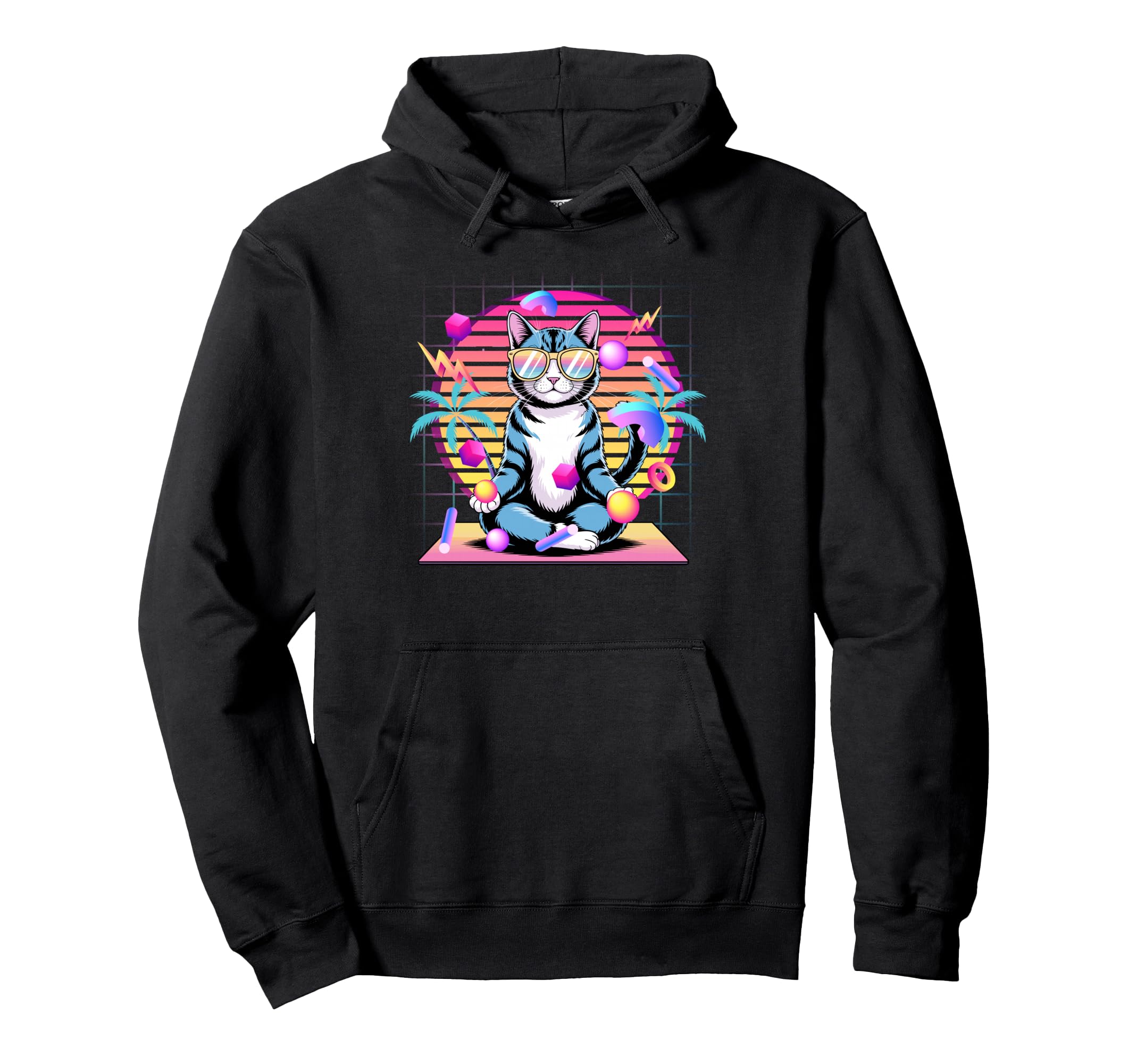 Cat Meditating Vaporwave 80S Synthwave Hoodie - Minimalist Print Unisex - T-Shirt, Sweatshirt, Hoodie